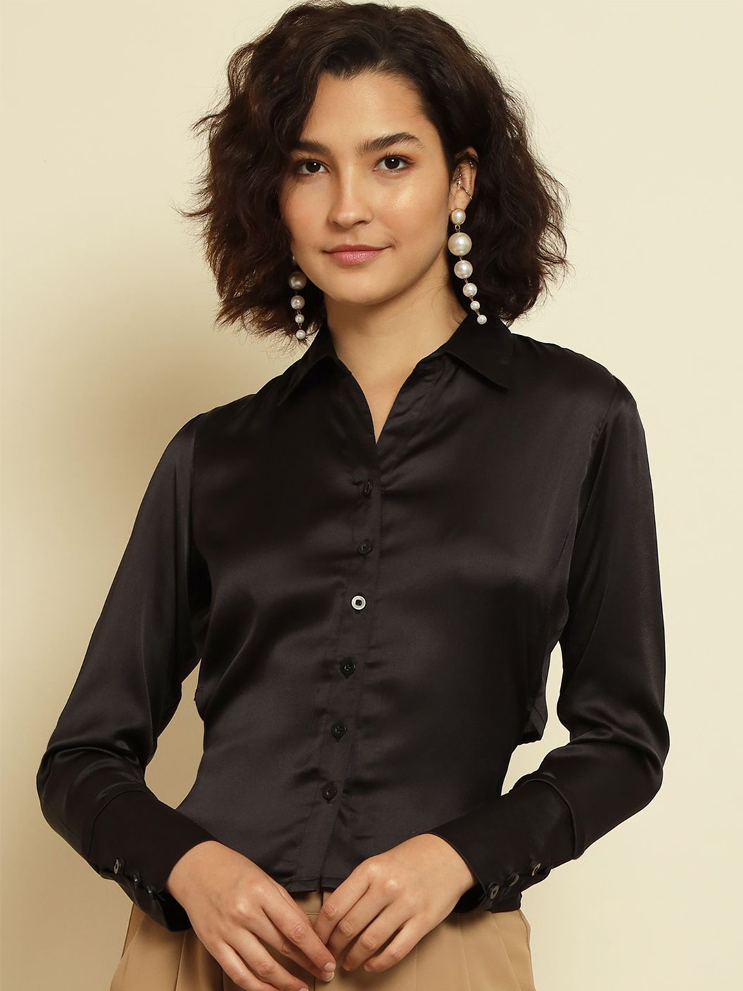 

BAESD Satin Shirt Style Top, Black