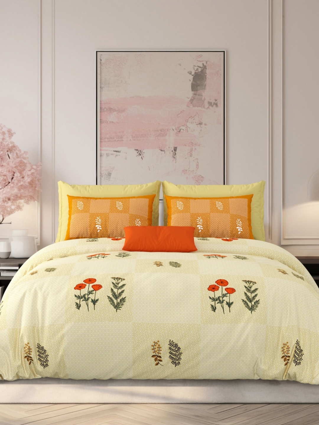 

LIVING ROOTS Yellow Floral 210 TC King Bedsheet with 2 Pillow Covers