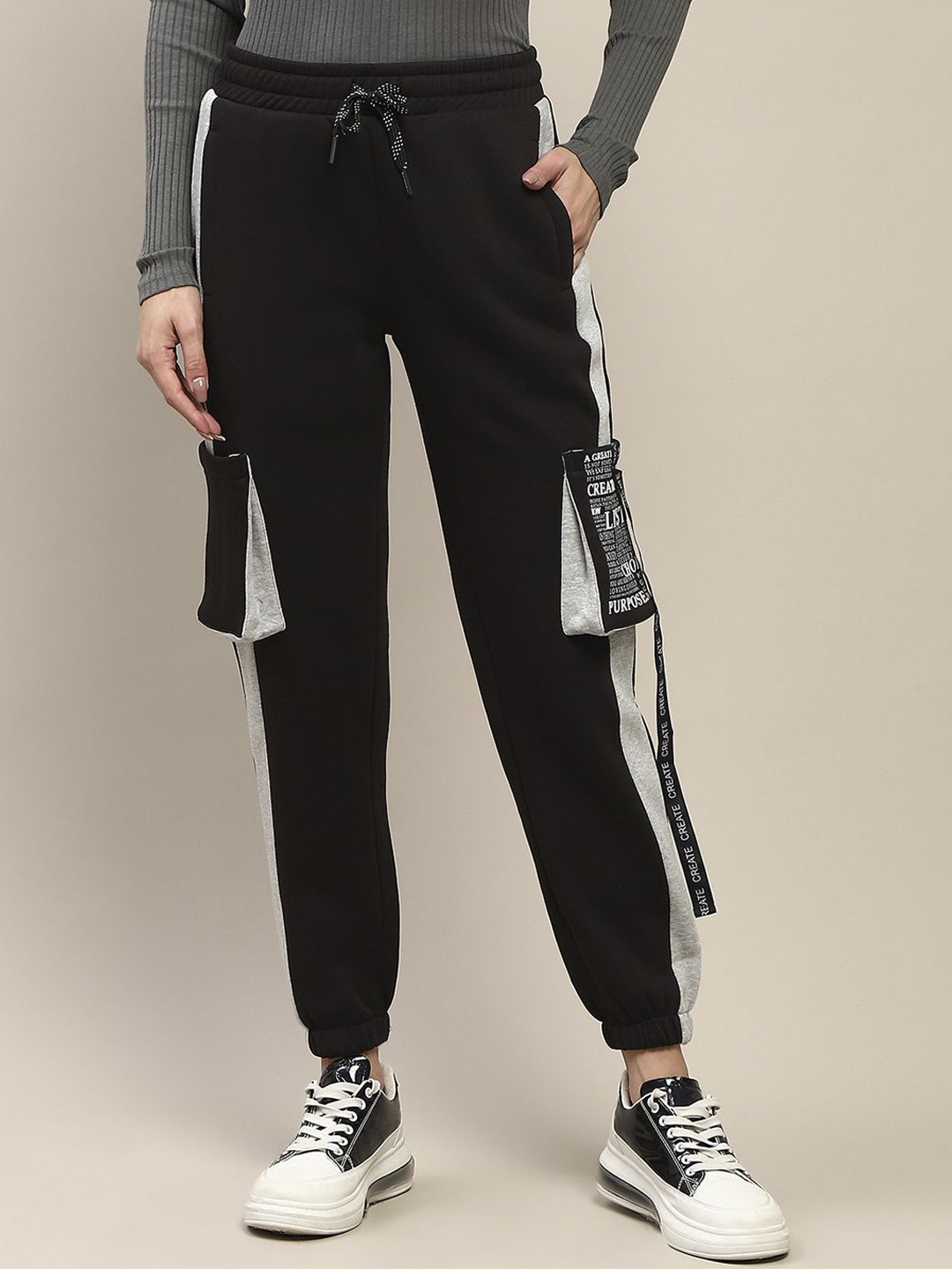

MADAME M SECRET Women Side Strip Mid Rise Joggers, Black