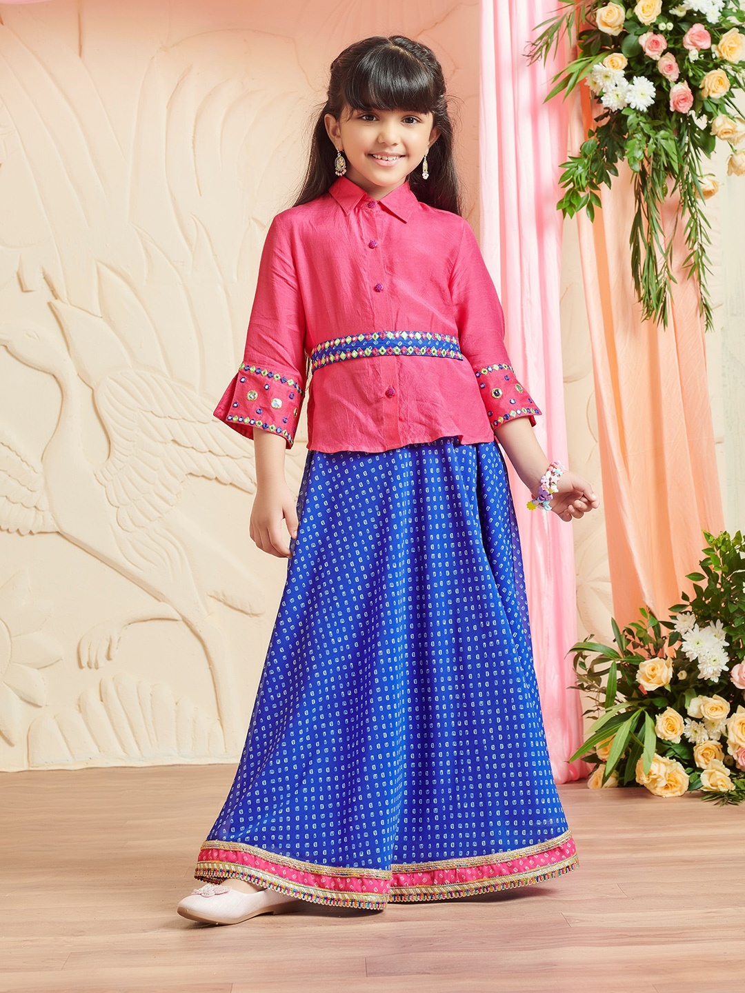 

MASTARANG Girls Solid Shirt Mirror Work Details And Flare Skirt with Embroidered Belt, Fuchsia