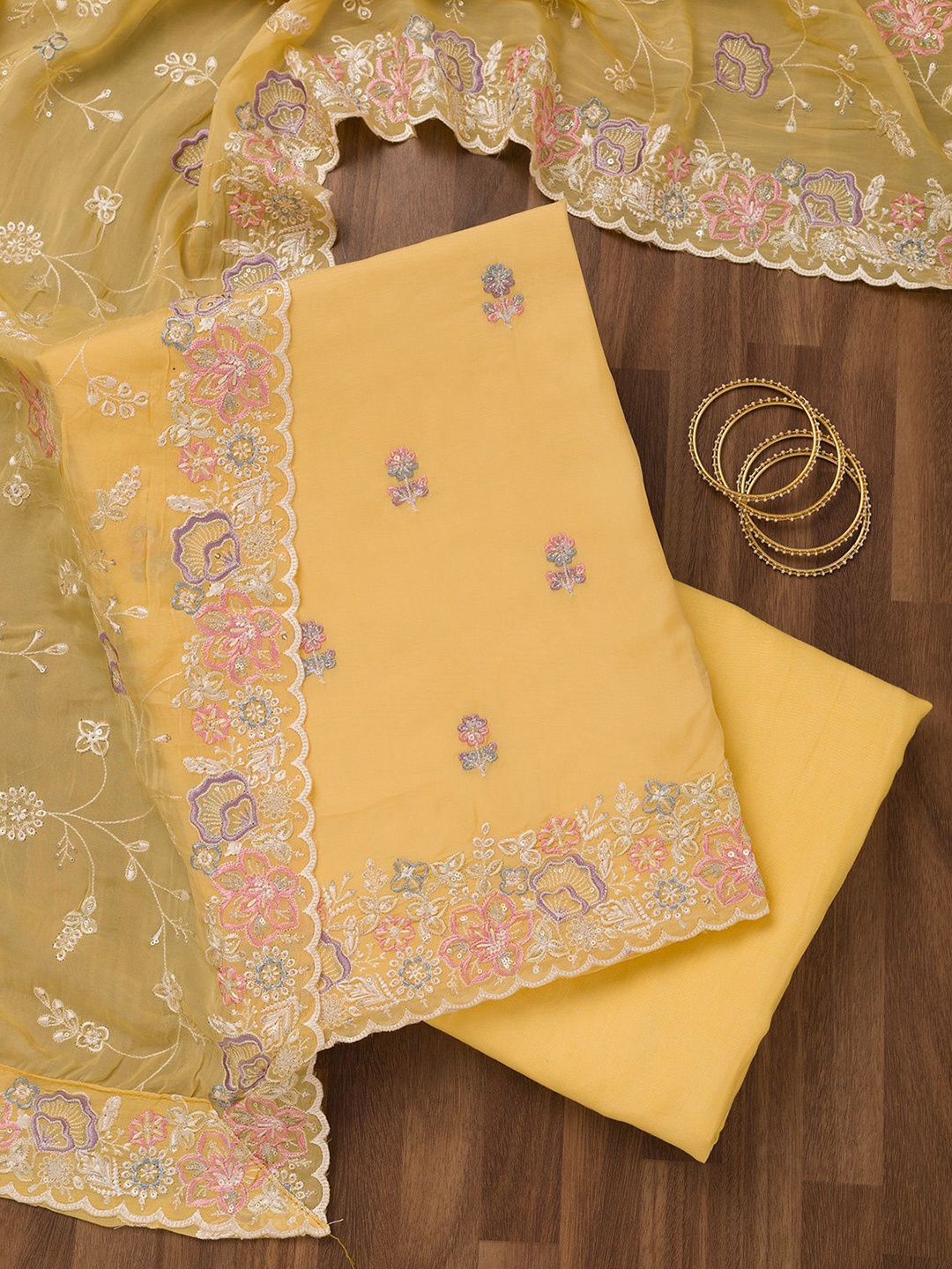 

Koskii Floral Embroidered Thread Work Unstitched Dress Material, Yellow
