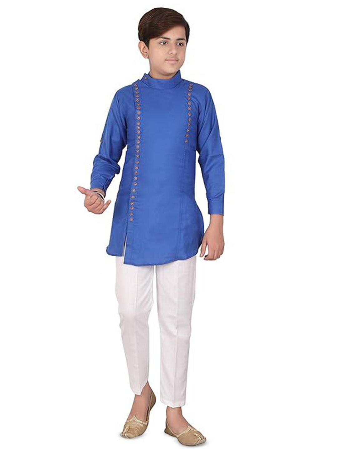

Eliq Boys Mandarin Collar Pure Cotton Straight Kurta With Pyjamas, Blue