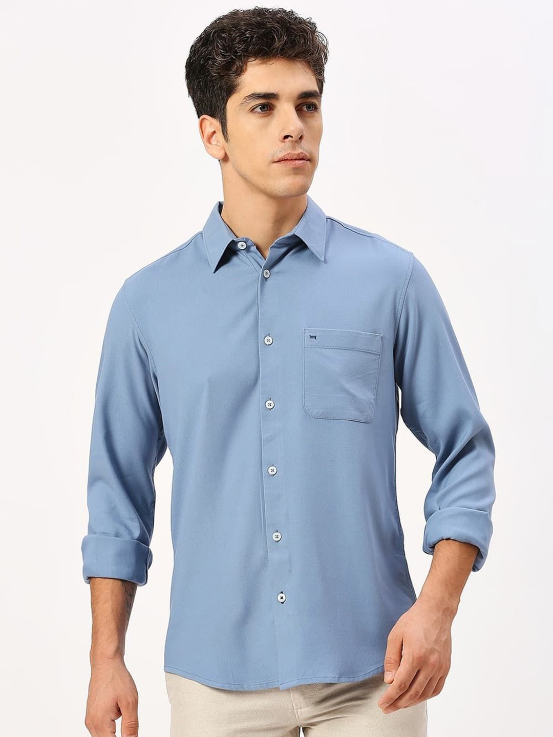 

Basics Men Solid Opaque Long Sleeves Casual Shirt, Blue