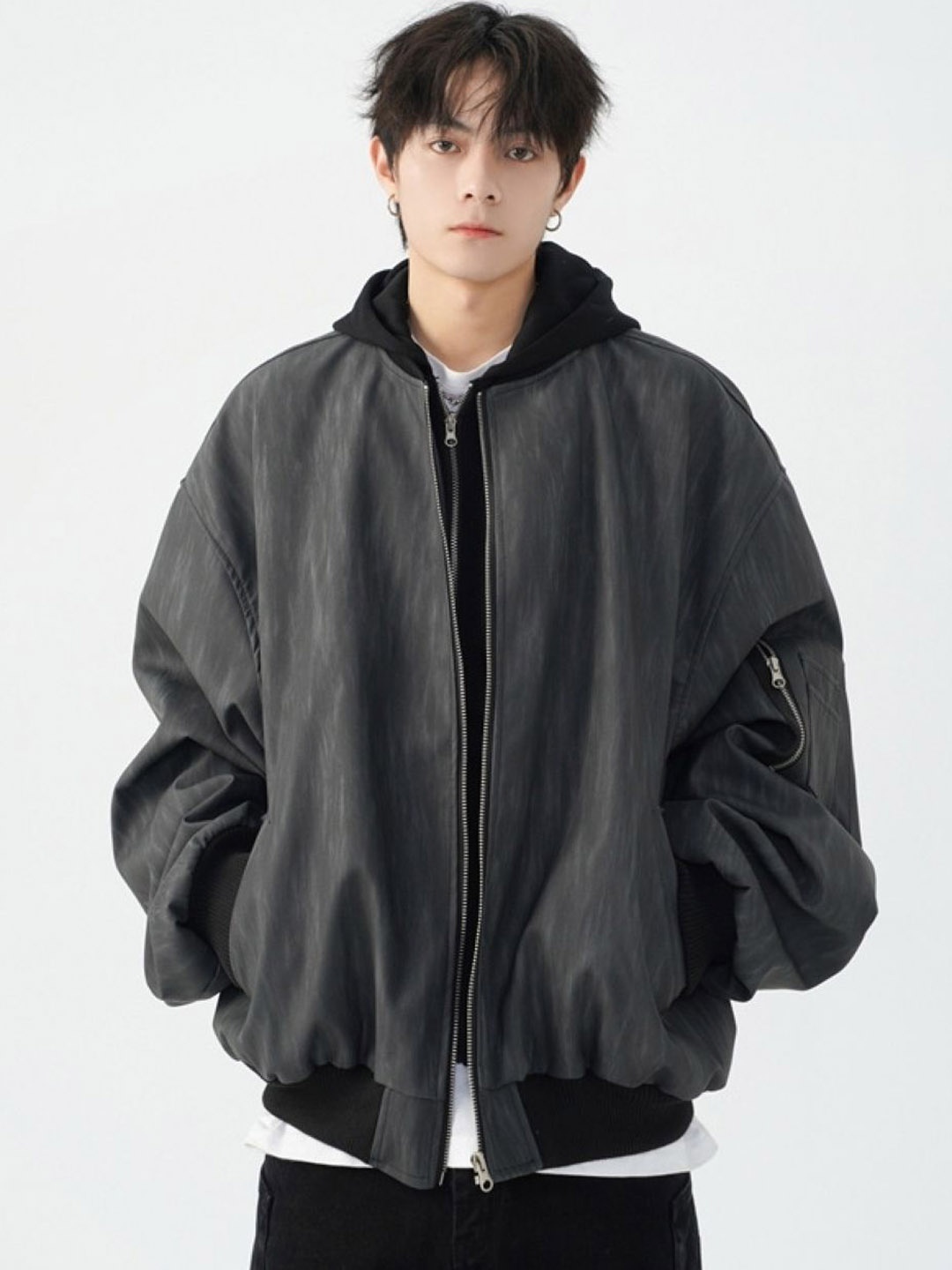 

HERE&NOW Men Hooded Solid Leather Casual Leather Jacket, Grey