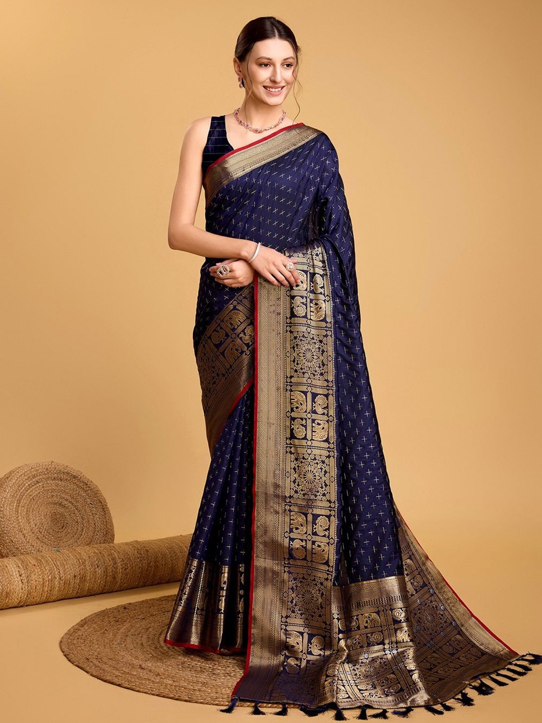 

SHOBHA SAREES Woven Design Zari Pure Silk Kanjeevaram Saree, Navy blue