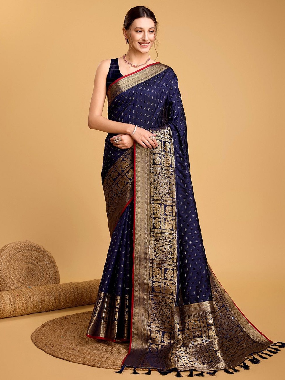 

LEOSAGI Woven Design Zari Pure Silk Kanjeevaram Saree, Navy blue