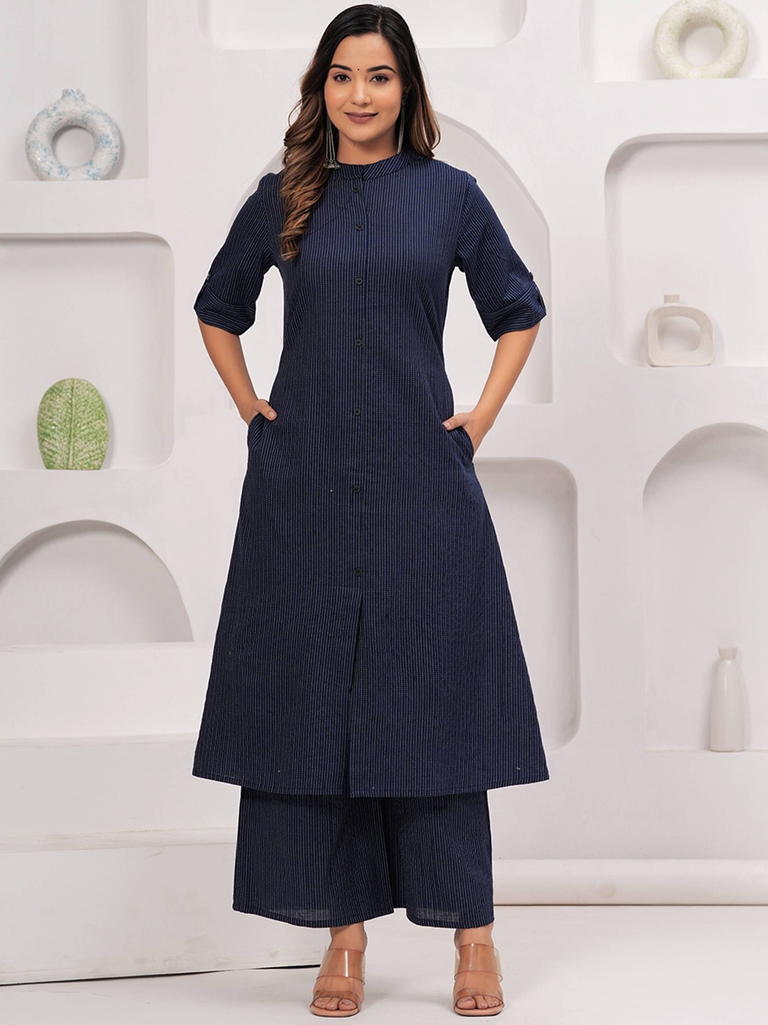 

Angvarnika Striped Mandarin Collar Roll-Up Sleeves Pure Cotton A-Line Kurta With Palazzos, Navy blue