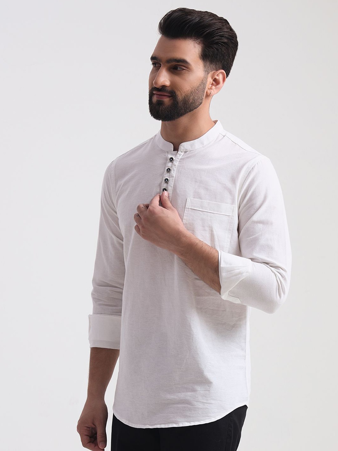 

ENSPYR Men Mandarin Collar Solid Cotton Casual Shirt, White