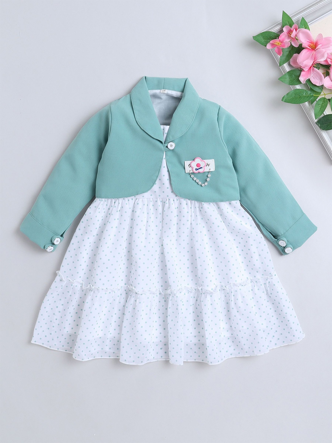 

The Magic Wand Polka Dot Printed Fit & Flare Dress With Jacket, White
