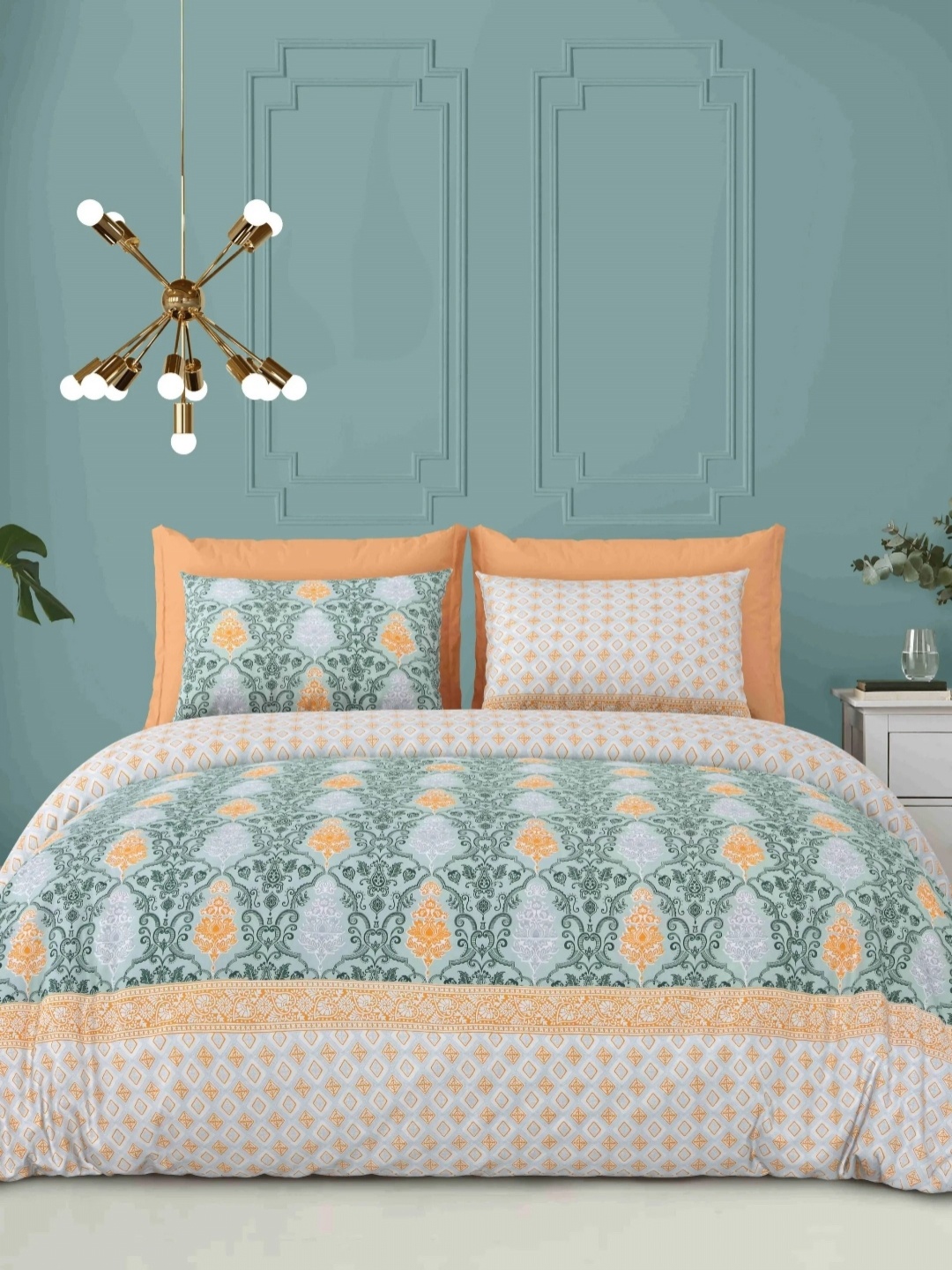 

LIVING ROOTS Green & Orange Floral 210 TC King Bedsheet with 2 Pillow Covers