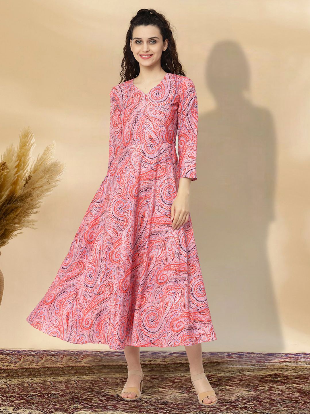 

BAESD Ethnic Motifs Print Applique Fit & Flare Dress, Pink