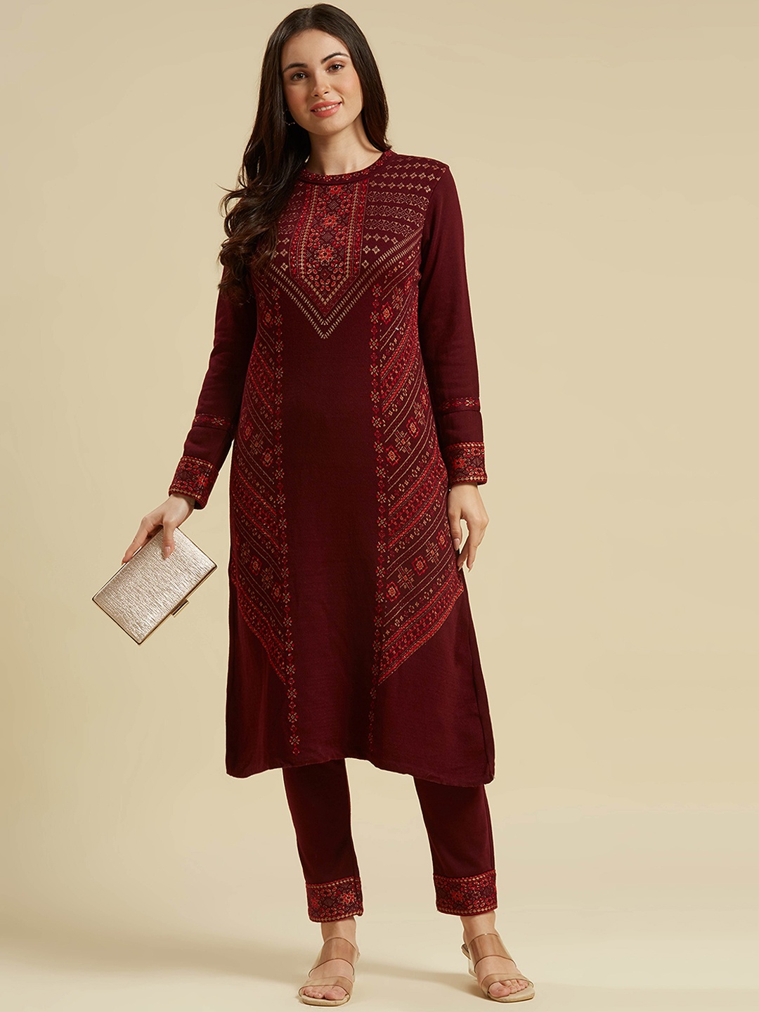 

Peachmode Floral Thread Work Pure Wool Kurta with Trouser, Maroon