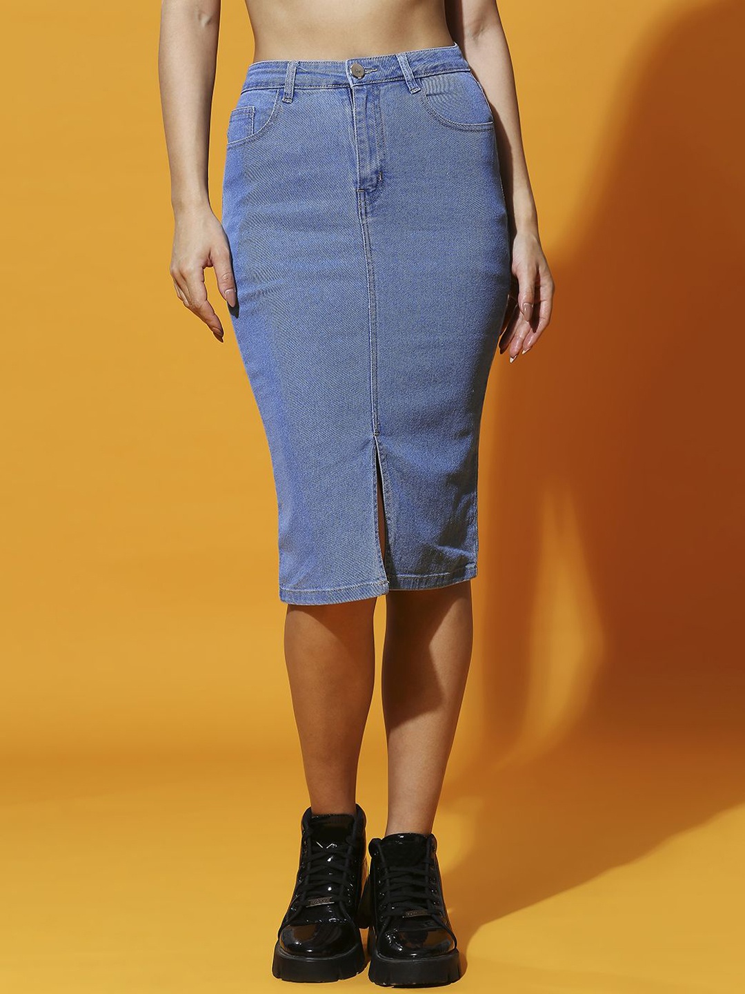 

HERE&NOW Denim Pencil Knee Length Skirt, Blue