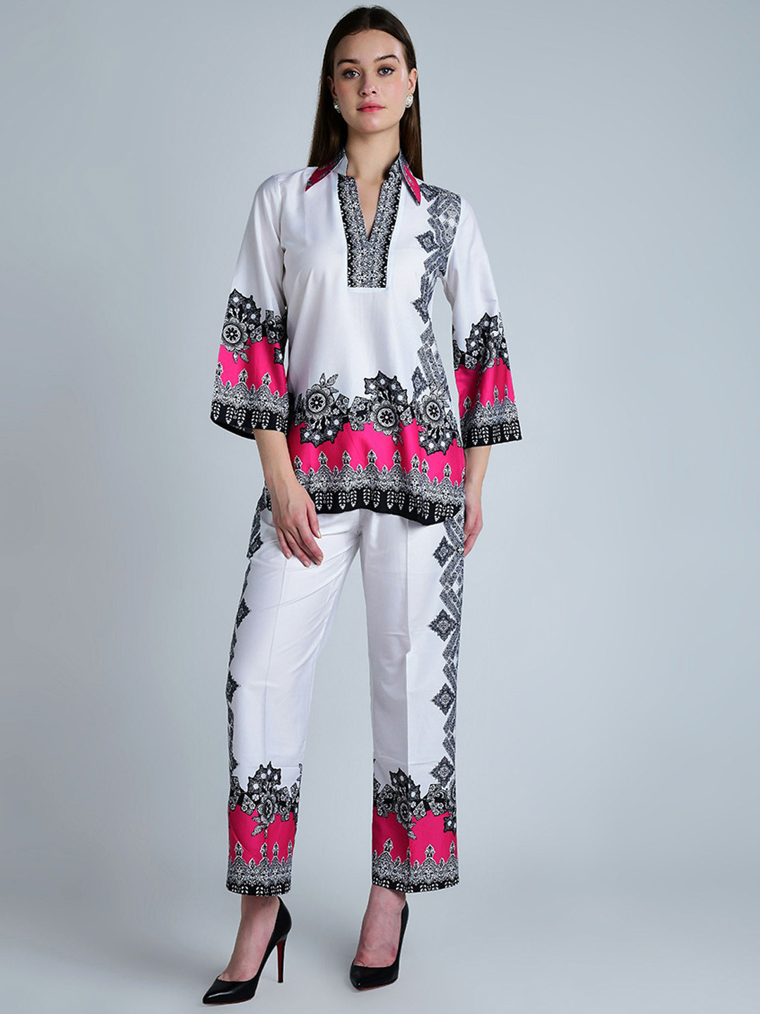 

MQ Marquino Floral Printed Shirt Collar Casual Tunic With Palazzos, White