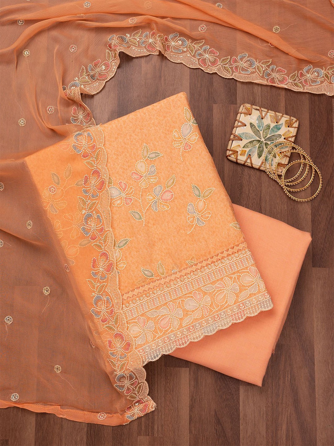 

Koskii Floral Embroidered Thread Work Unstitched Dress Material, Peach