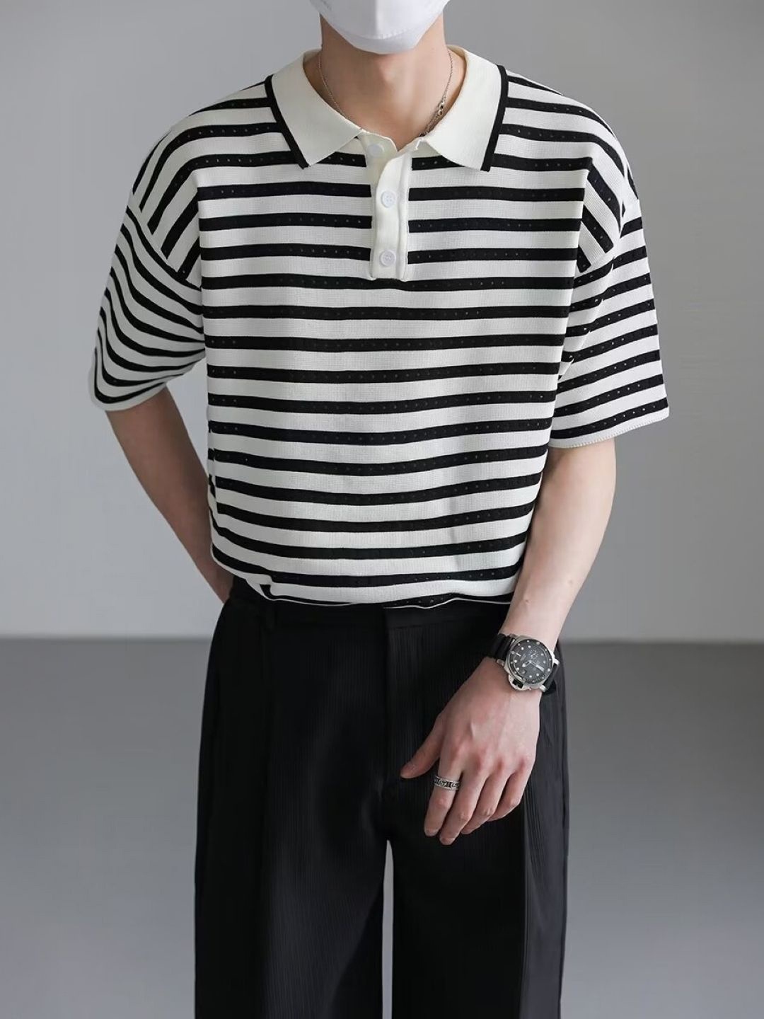 

HERE&NOW Men Striped Polo Collar T-shirt, Black