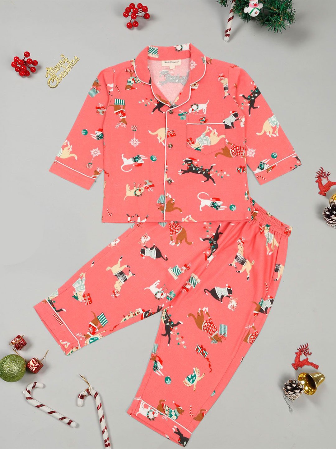 

LITTLE GINNIE Unisex Kids Printed Lapel Collar Long Sleeves Shirt With Pyjama, Pink