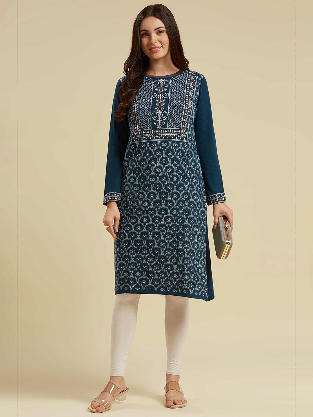 

Peachmode Floral Woven Design Woollen Straight Kurta, Blue