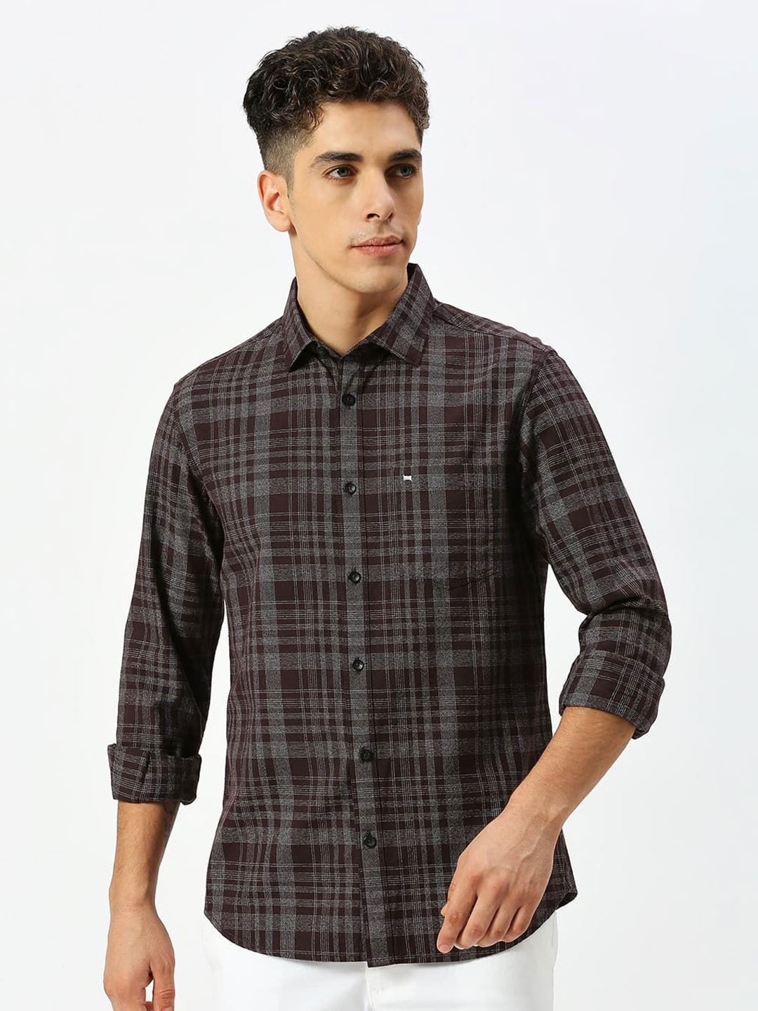 

Basics Men Slim Fit Tartan Checked Cotton Casual Shirt, Brown