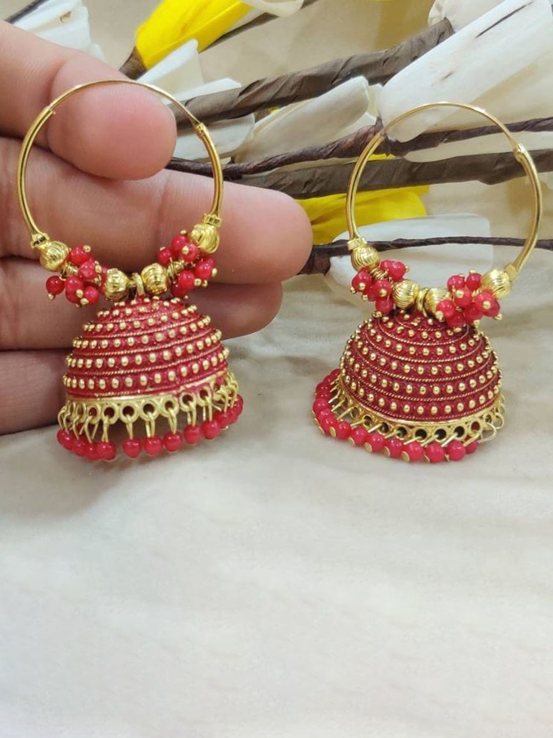 

JMBW INTERNATIONAL Gold-Plated Dome Shaped Stone Studded Antique Jhumkas, Red