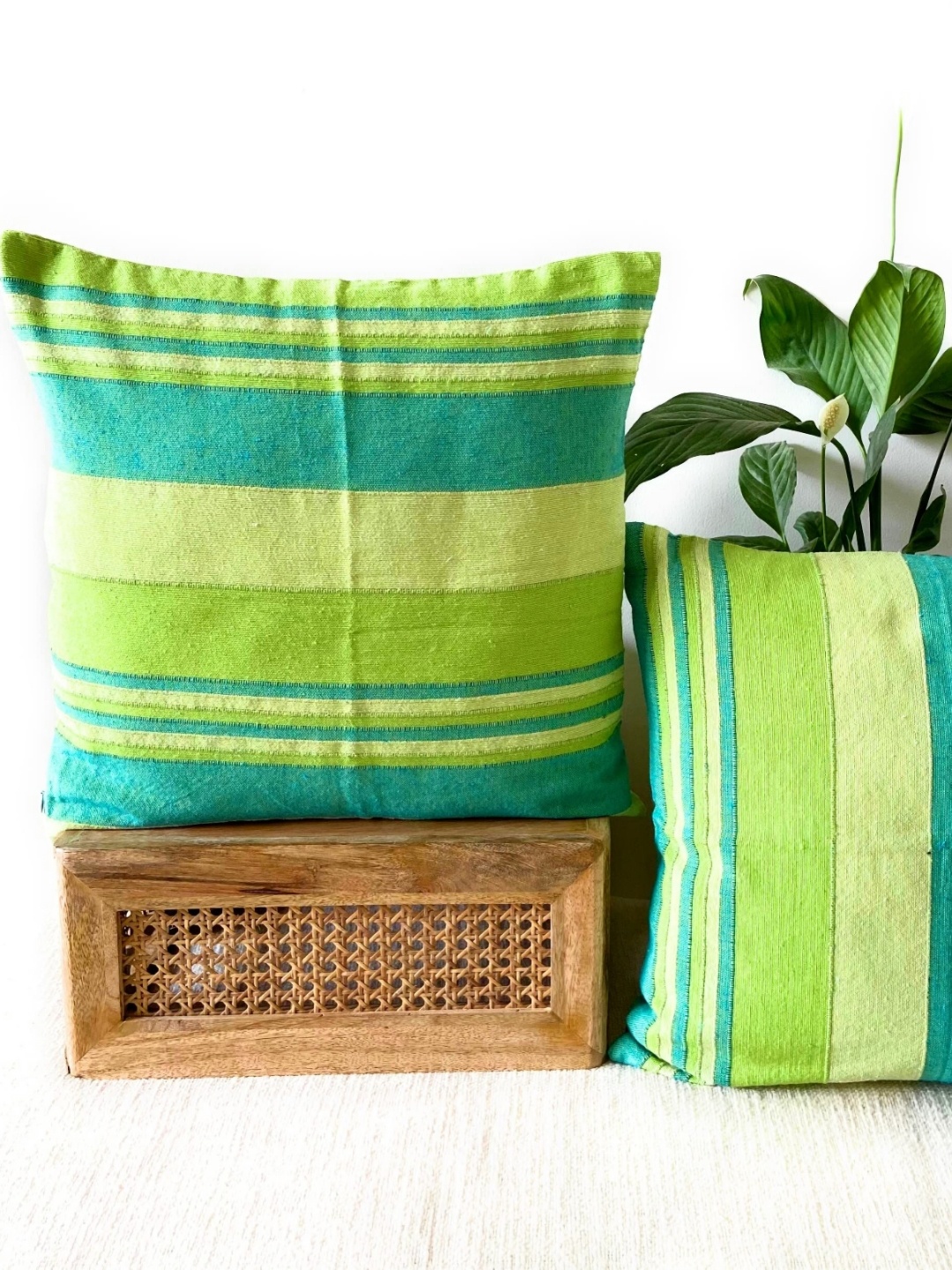 

RANGBHAR Green & White 2 Pieces Striped Pure Cotton Square Cushion Covers