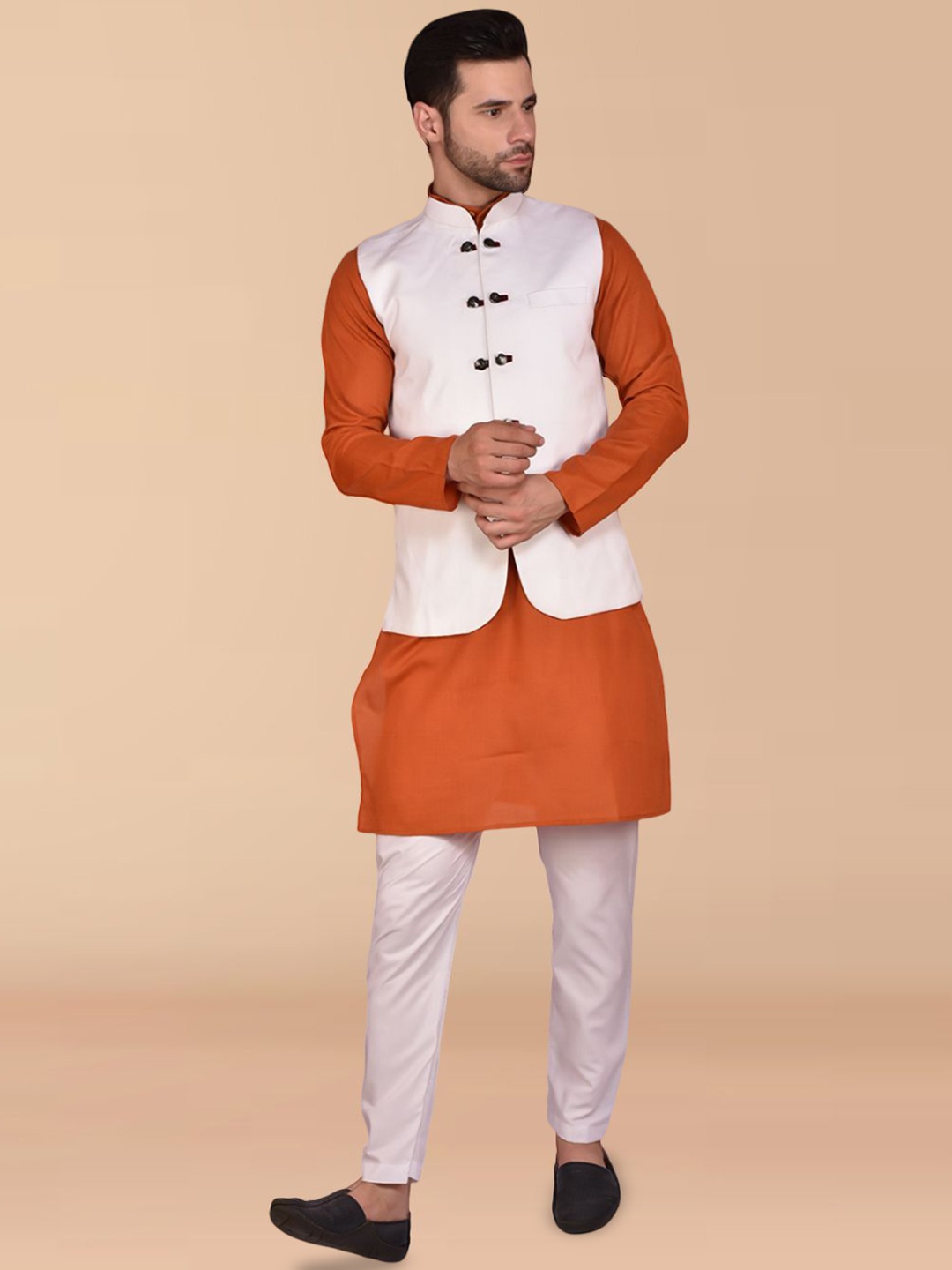 

PRINTINDIA Mandarin Collar Pure Cotton Straight Kurta with Trouser & Nehru Jacket, Orange