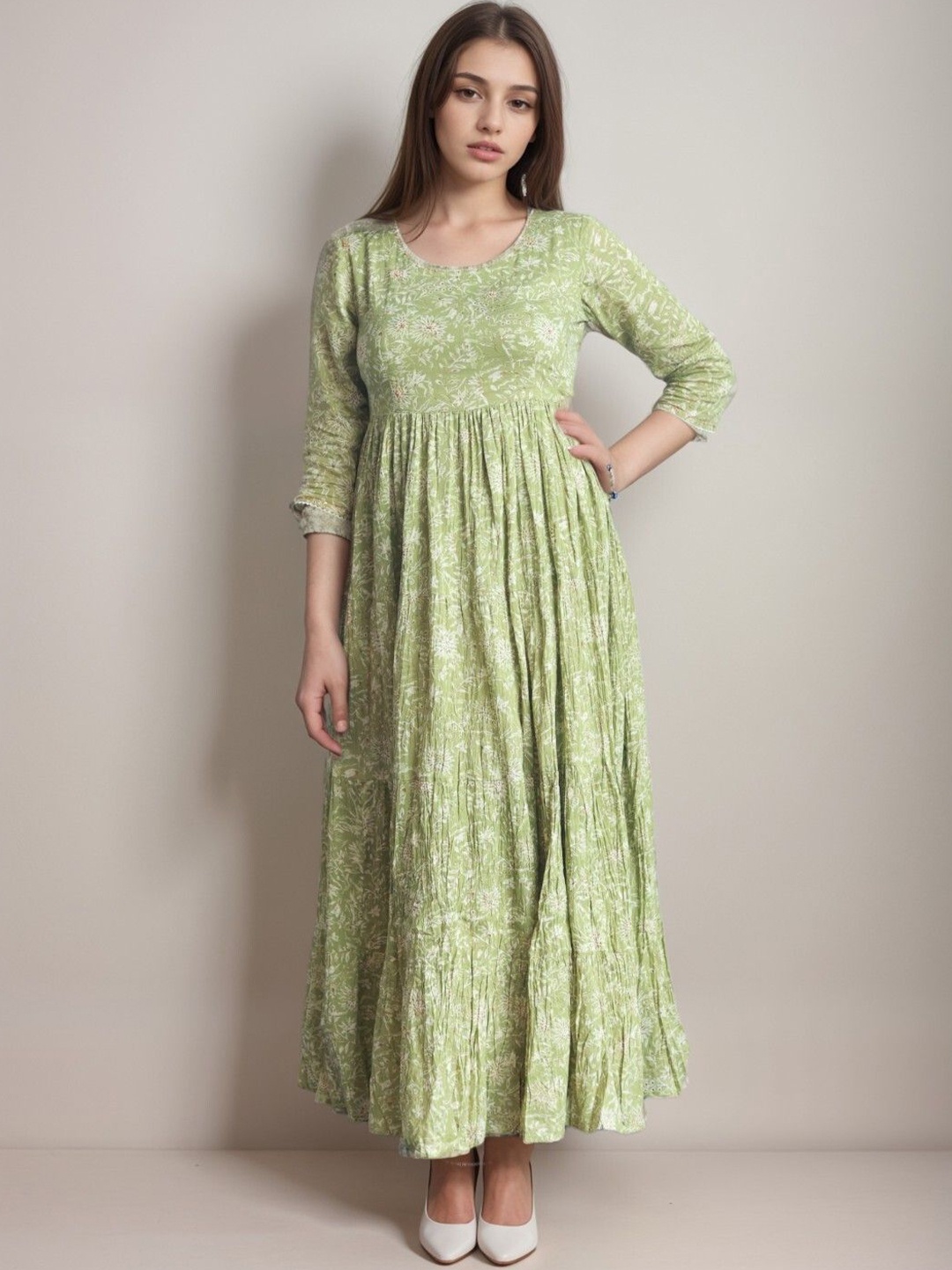 

CUSTARD Floral Print Layered A-Line Maxi Dress, Green