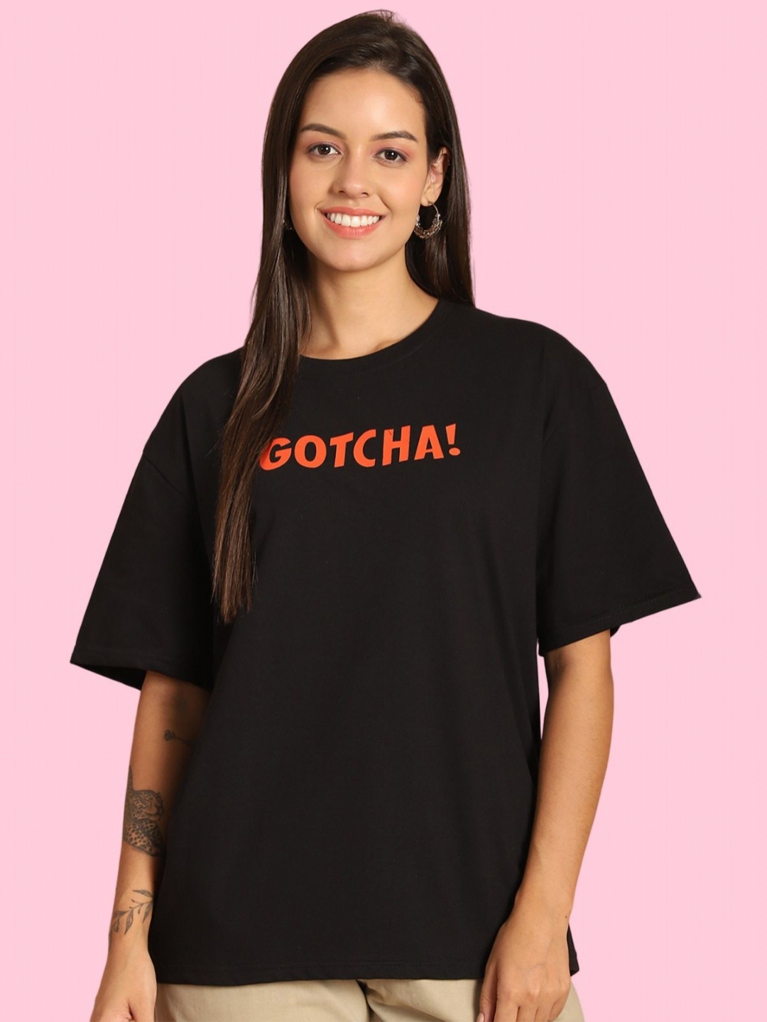 

Tromko Women Graphic Printed Round Neck Cotton Oversized T-shirt, Black