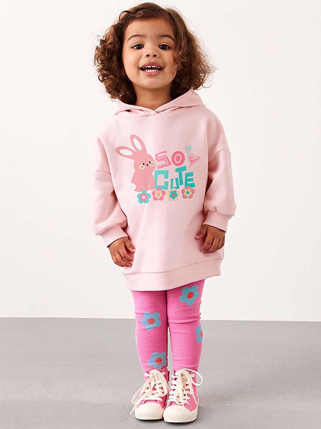 

JC SPARKLE Girls Floral Printed Hooded Pure Cotton Sweatshirt With Leggings, Pink