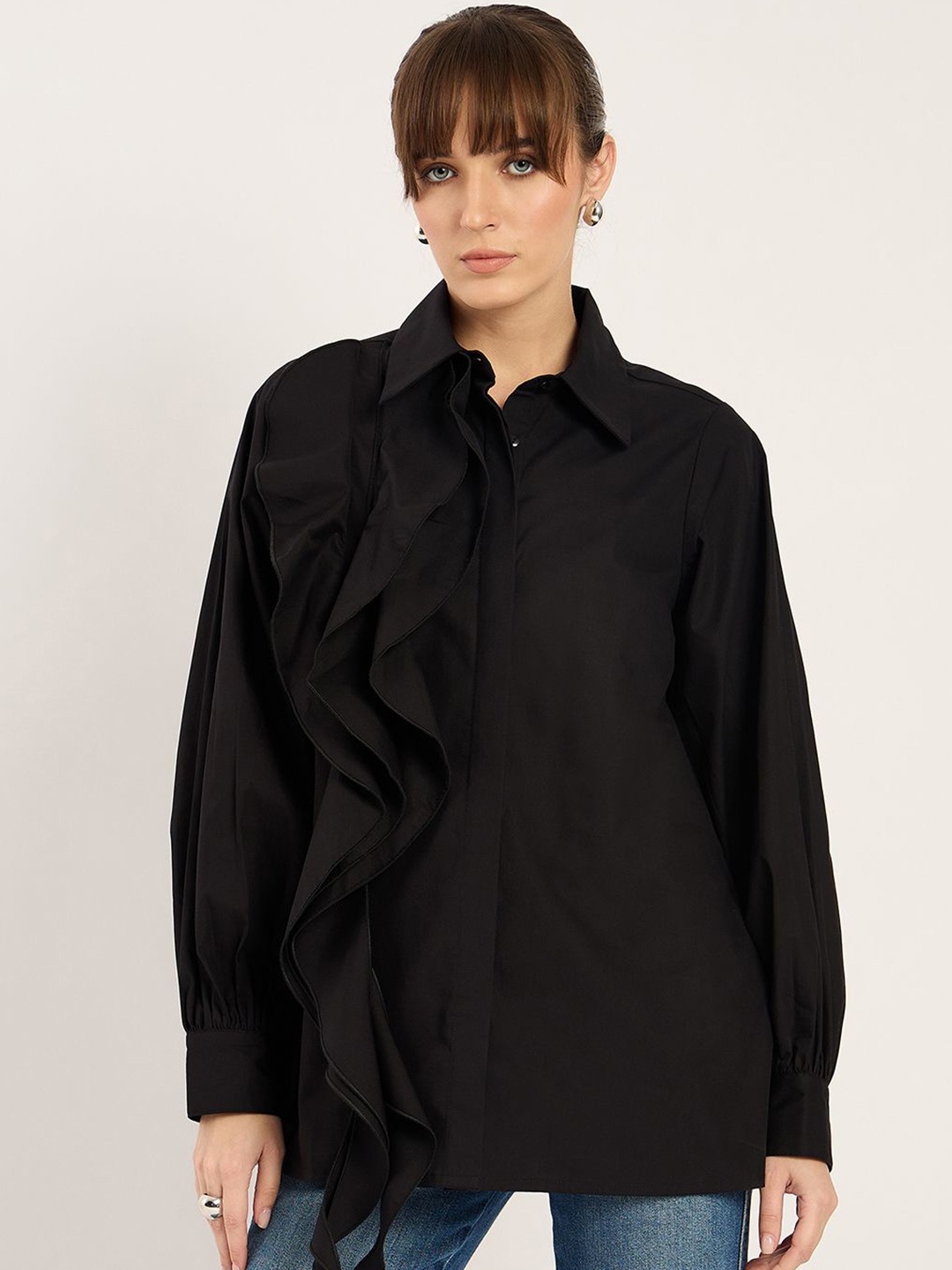 

FEMMELLA Women Relaxed Spread Collar Solid Cotton Casual Shirt, Black