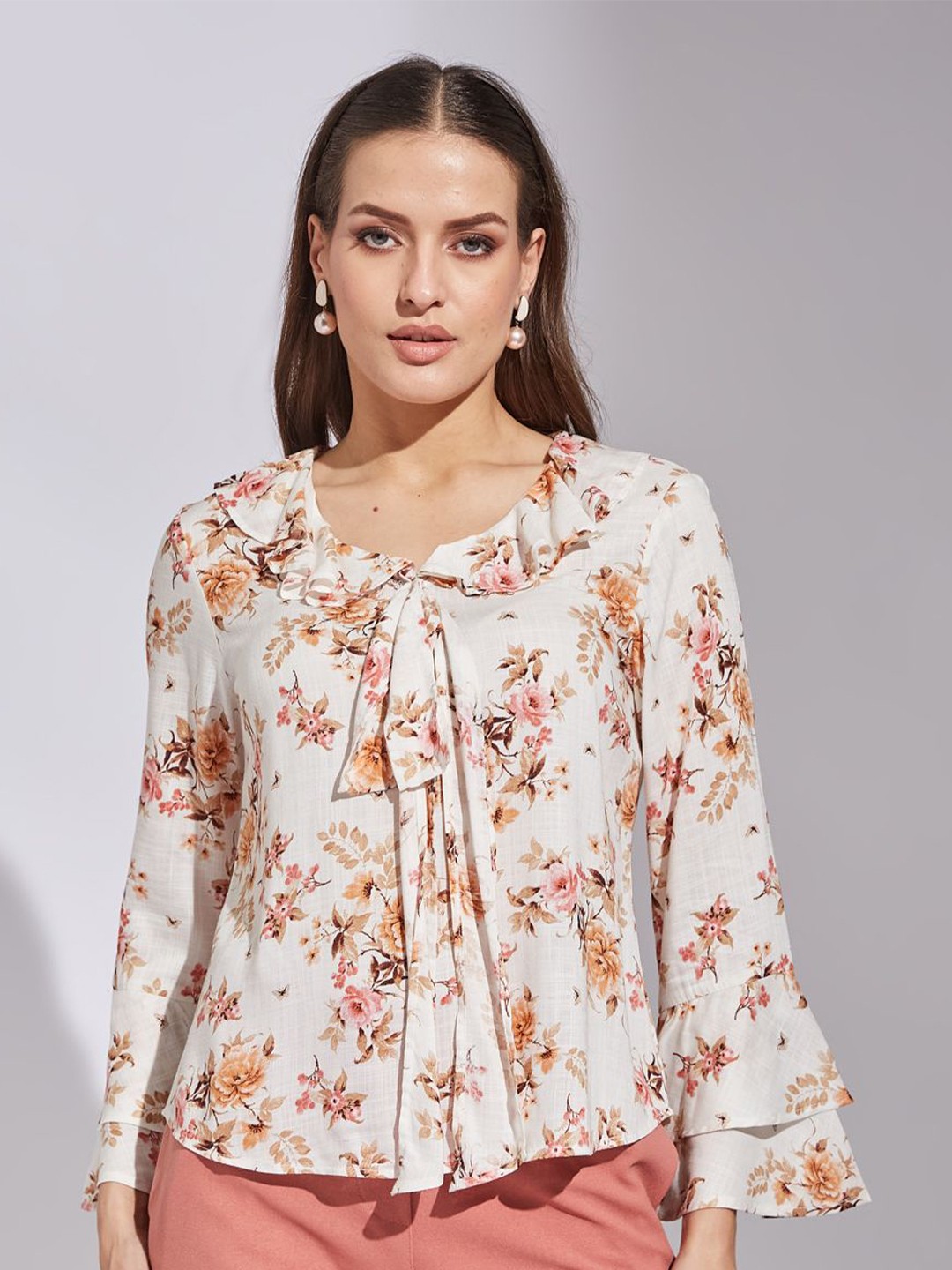 

Latin Quarters Floral Print Tie-Up Neck Top, Off white