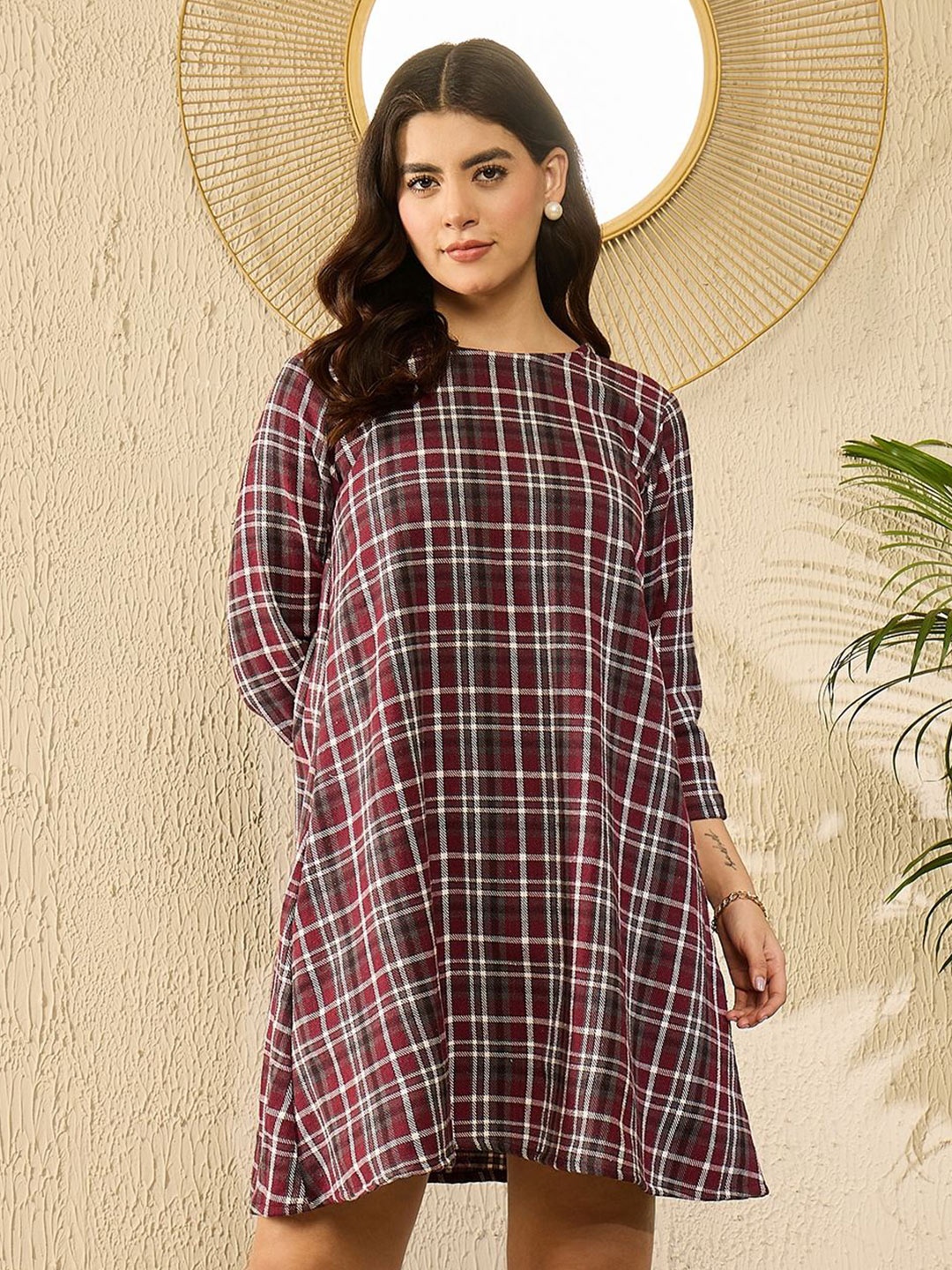

InWeave Checked Acrylic A-Line Midi Dress, Burgundy