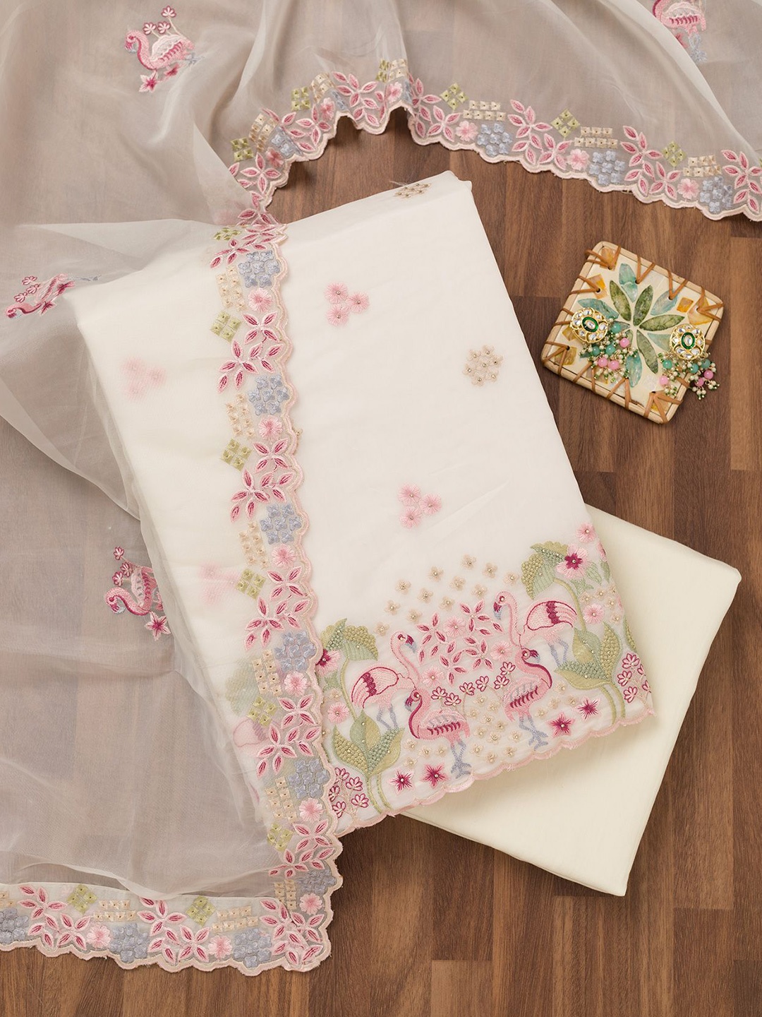 

Koskii Floral Embroidered Thread Work Unstitched Dress Material, White