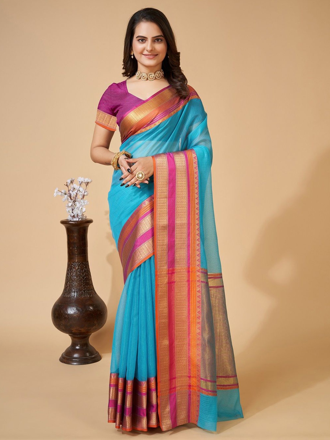 

LEOSAGI Embellished Zari Silk Cotton Designer Kota Saree, Blue
