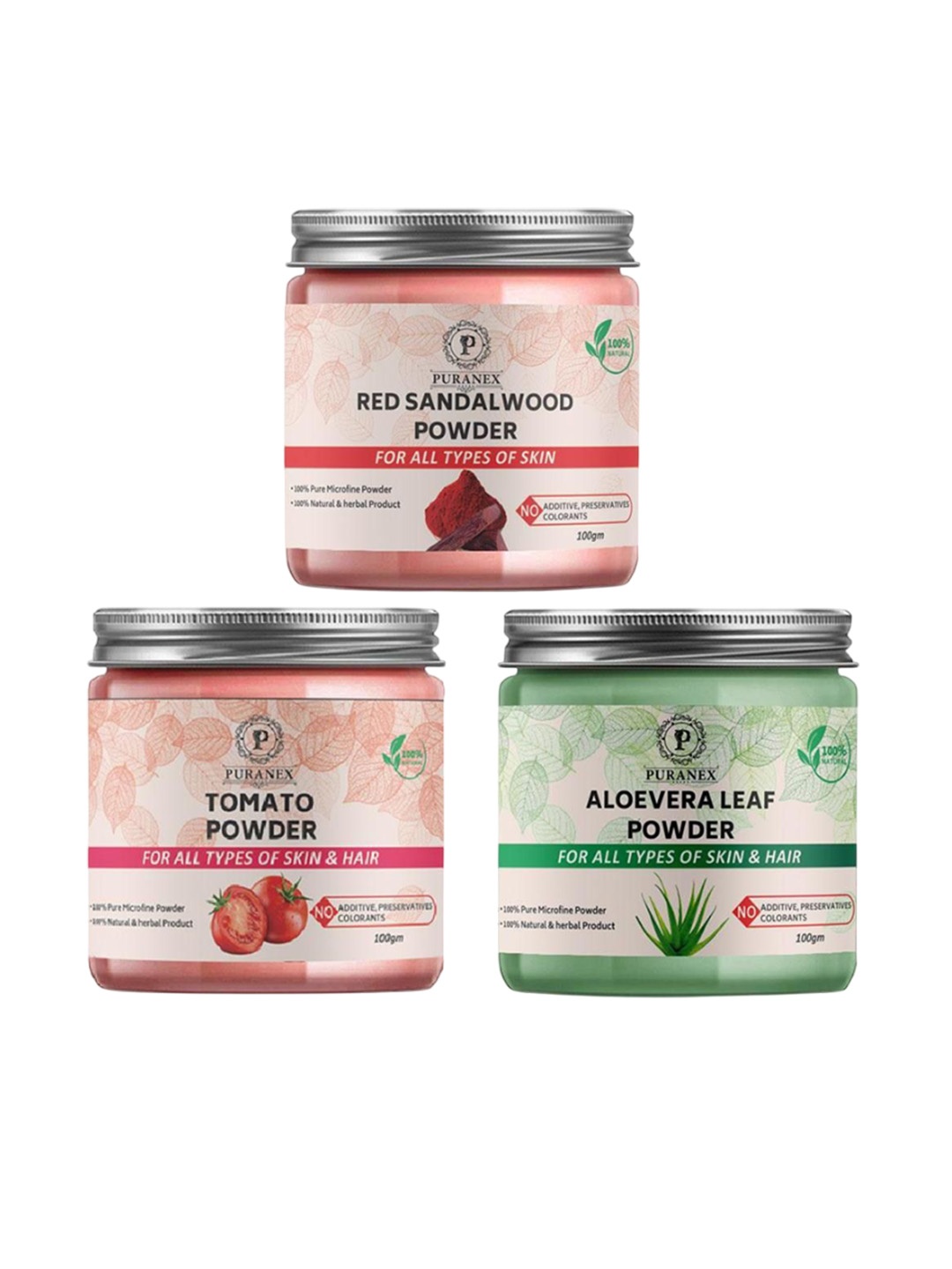 

Puranex Set Of 3 Red Sandalwood, Tomato Powder, Aloevera Skin & Hair Powder- 100g Each, White