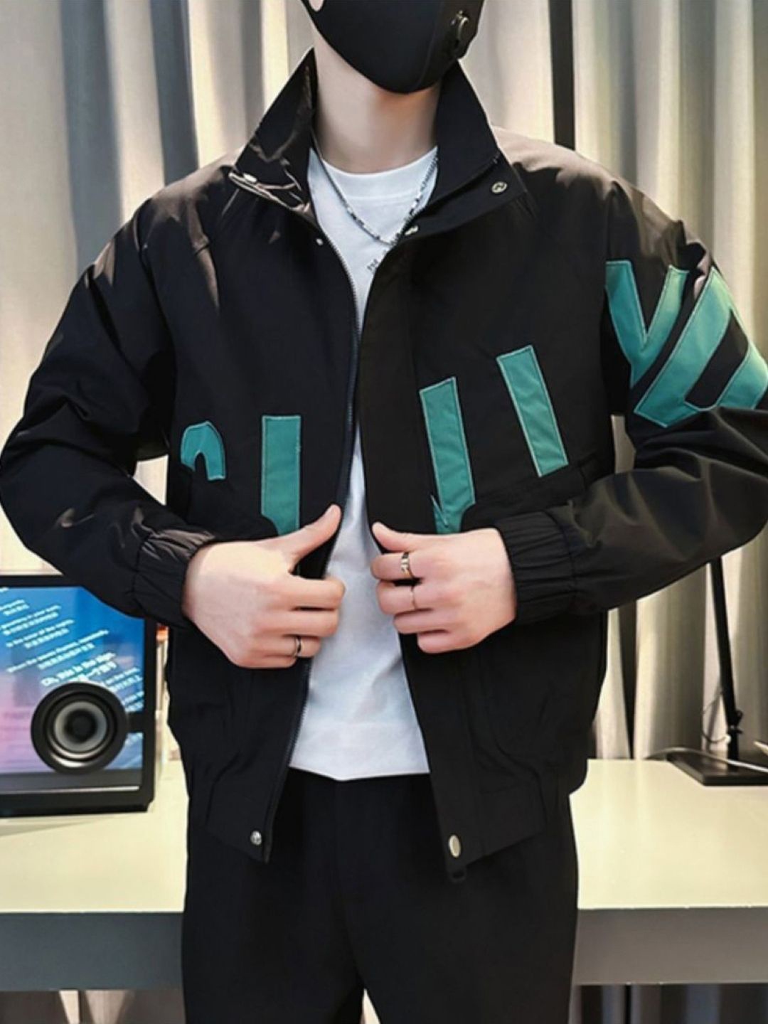 

HERE&NOW Men Spread Collar Typography Printed Casual Bomber Jacket, Black