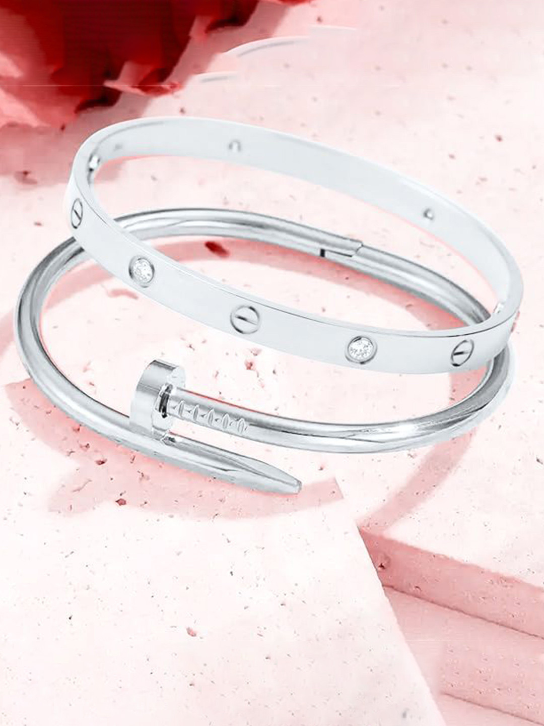 

MEENAZ Set of 2 Silver-Plated AD-Stone Studded Stainless Steel Anti Tarnish Kada Bracelets