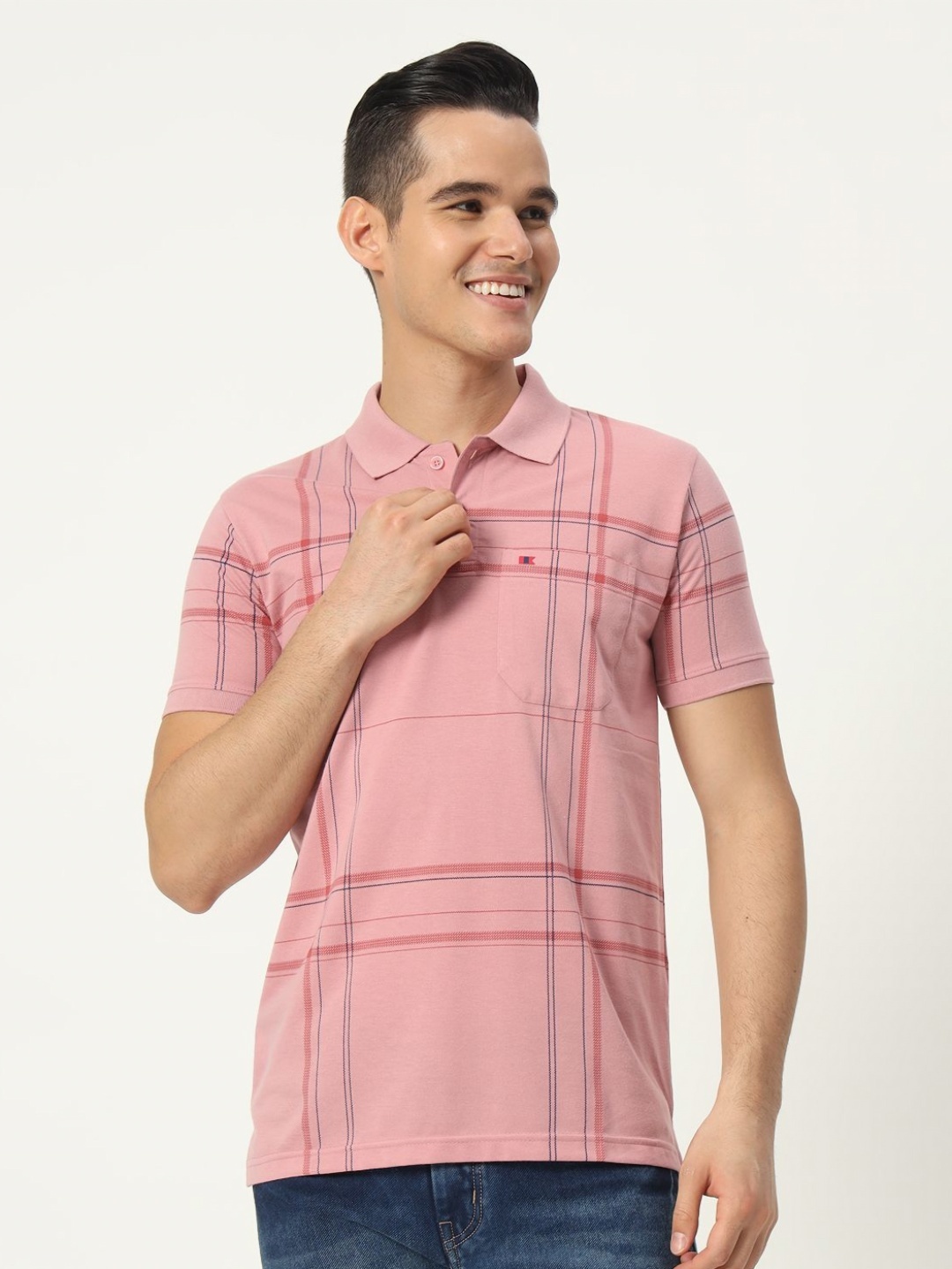 

TAB91 Men Striped Polo Collar Cotton T-shirt, Pink