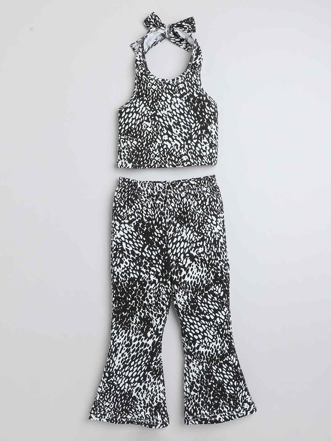 

taffykids Girls Printed Halter Neck Sleeveless Top With Trouser, Black