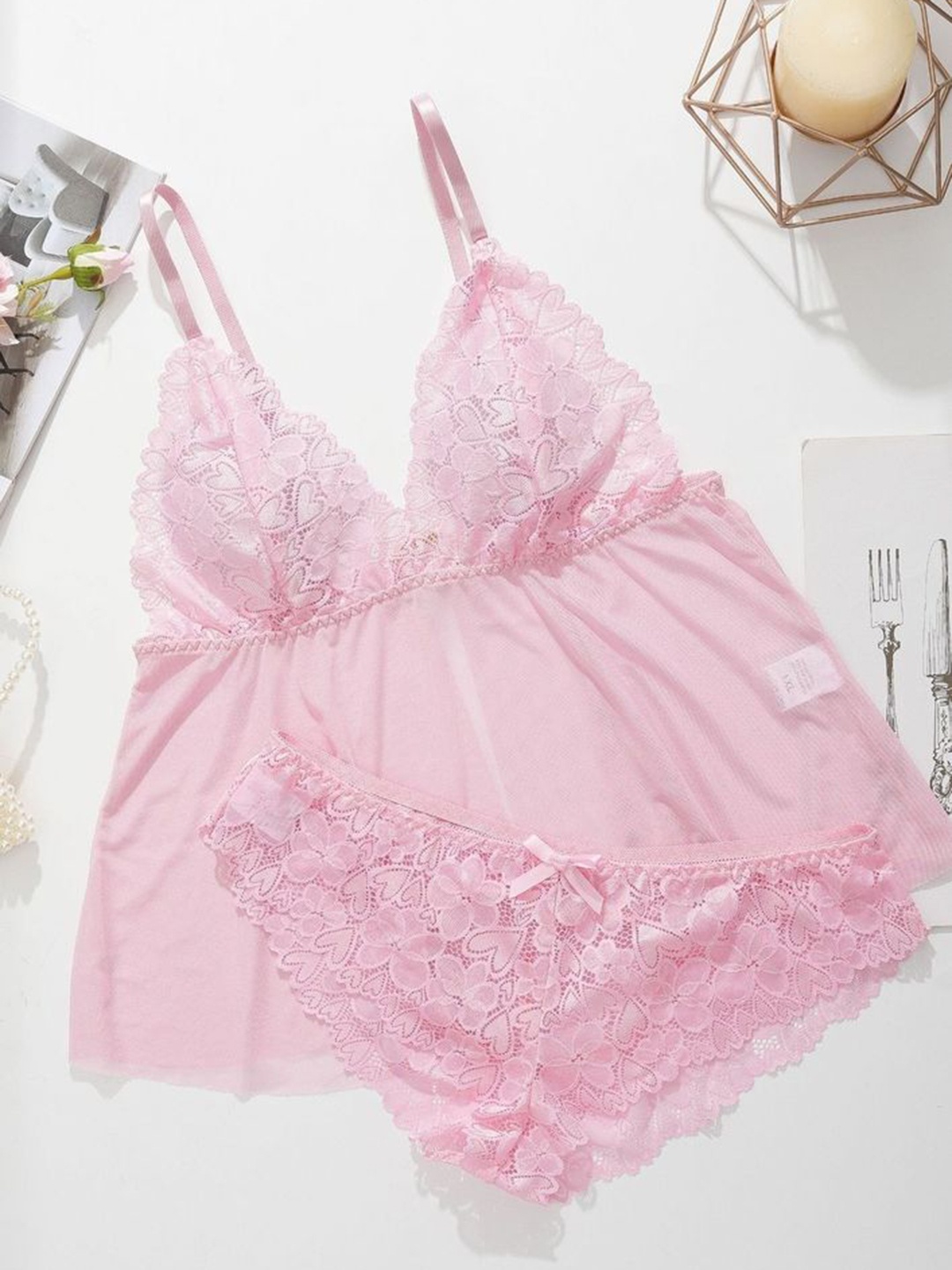 

LULU & SKY Self Design Plus Size Baby Doll With Briefs, Pink