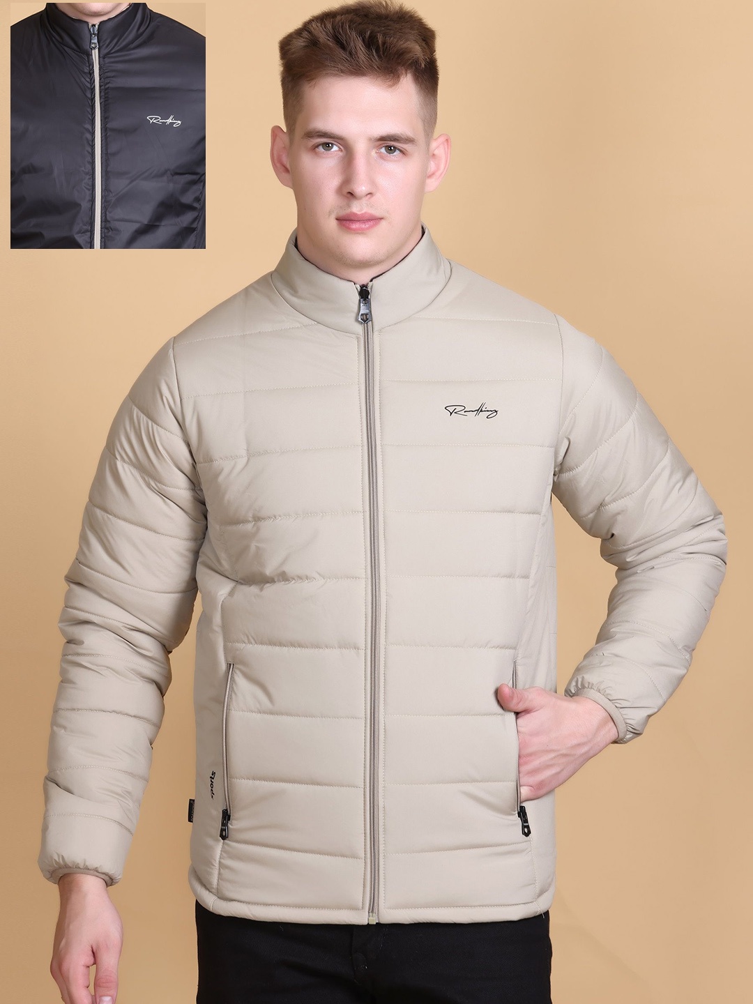 

Roadking Men Mock Collar Solid Casual Padded Jacket, Beige