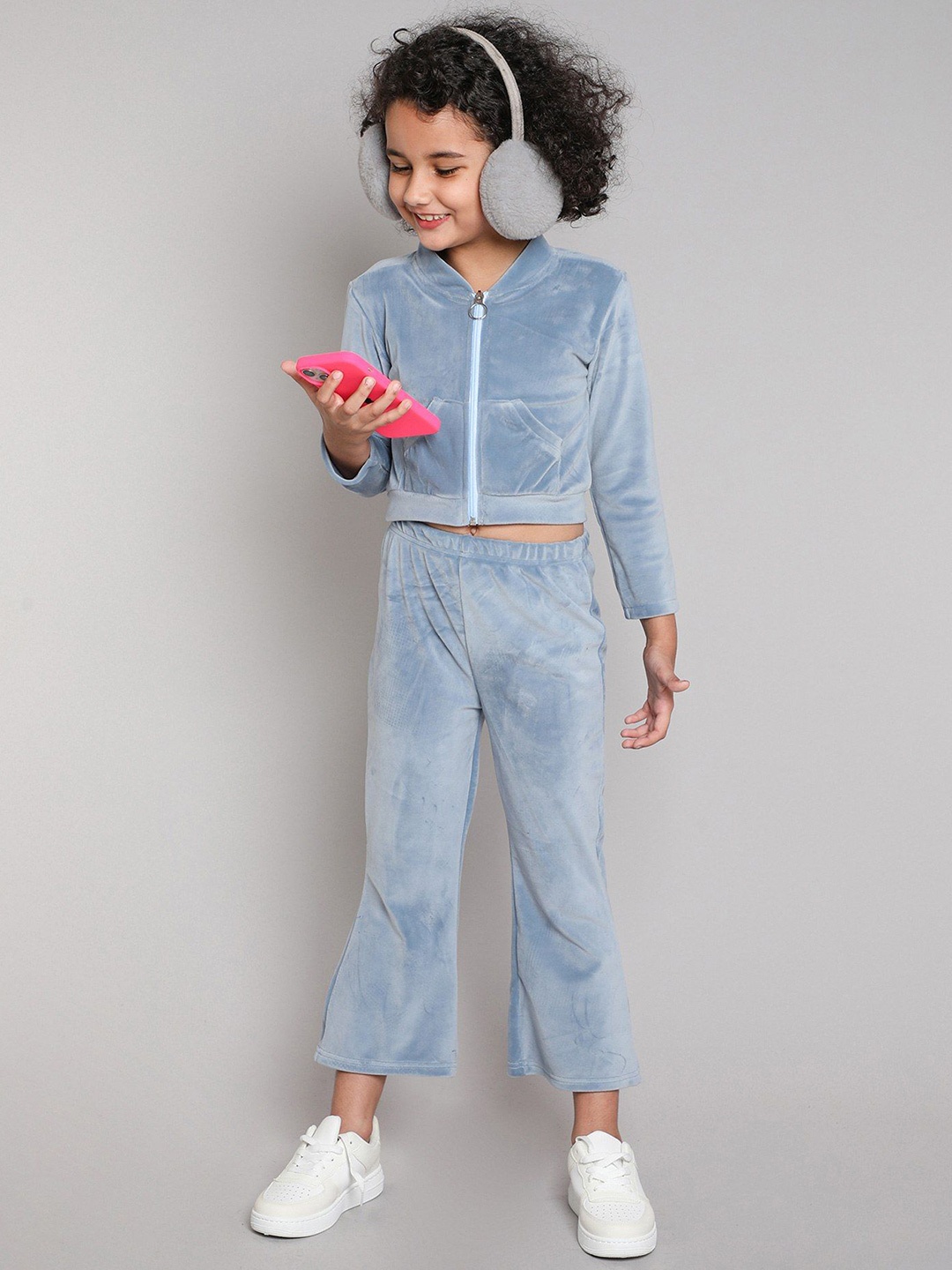 

taffykids Girls Mandarin Collar Long Sleeves Pure Silk Sweatshirt With Trouser, Blue