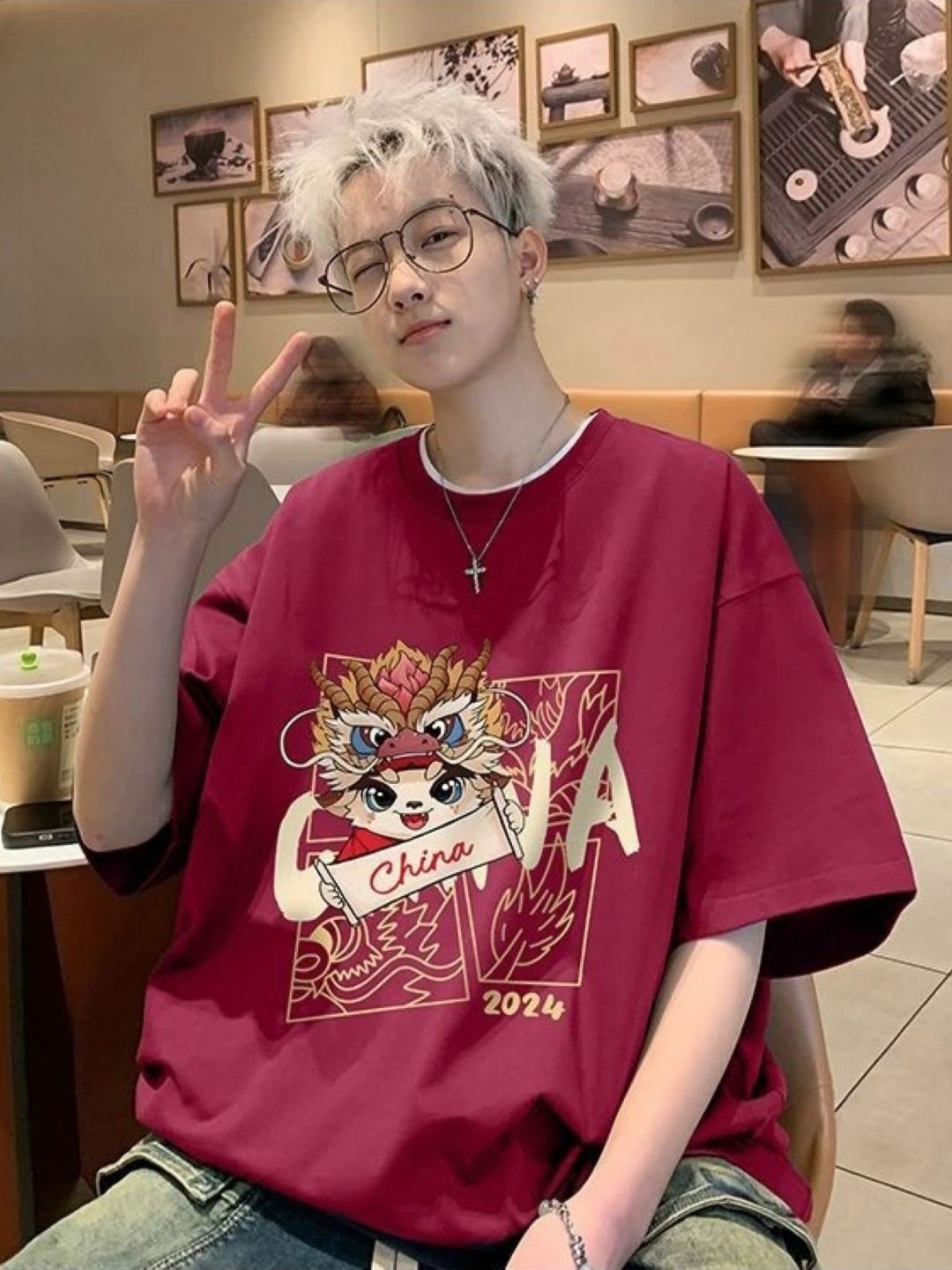 

HERE&NOW Men Graphic Printed Round Neck Cotton Oversized T-shirt, Red