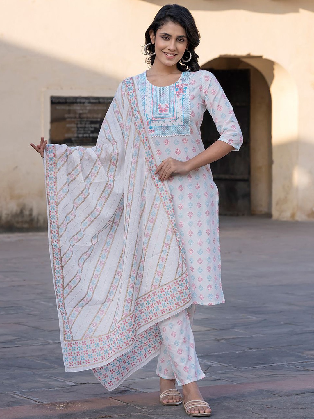 

KALINI Floral Printed Mirror Work Straight Pure Cotton Kurta With Trousers & Dupatta, White