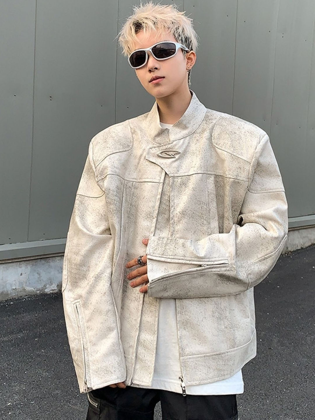 

HERE&NOW Men Mandarin Collar Solid Leather Casual Leather Jacket, Cream