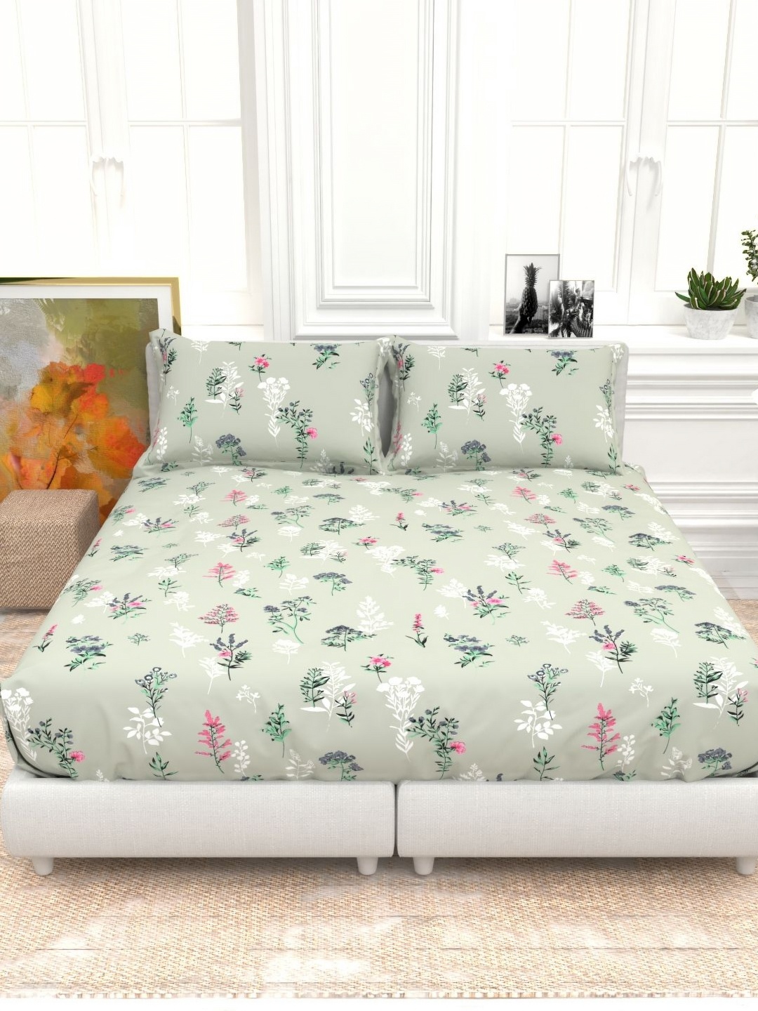 

THE WHITE MOSS Green & Pink Floral Cotton 210 TC King Bedsheet Set-2.75 m x2.75 m