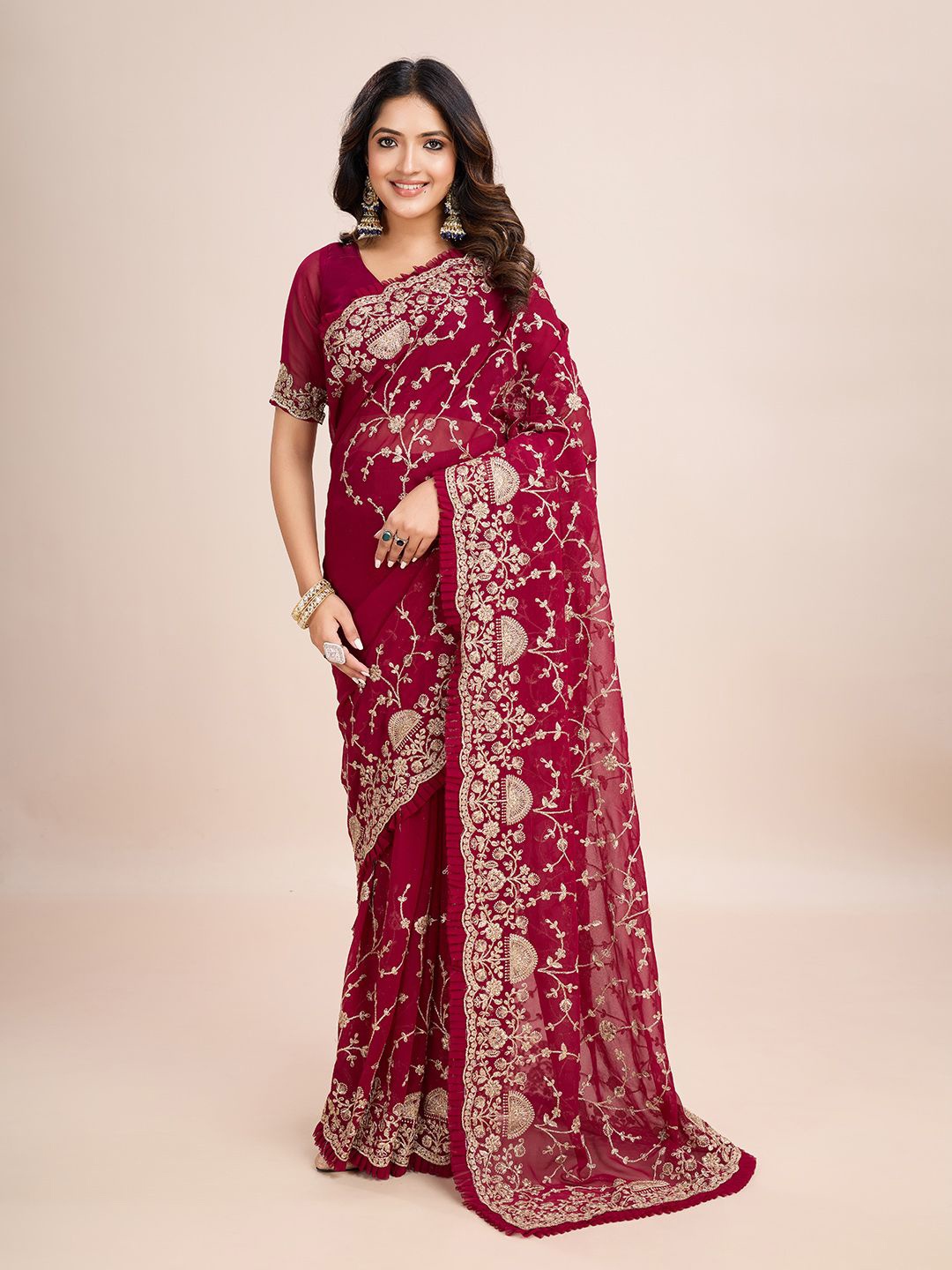 

kasee Floral Embroidered Pure Georgette Ready to Wear Saree, Burgundy