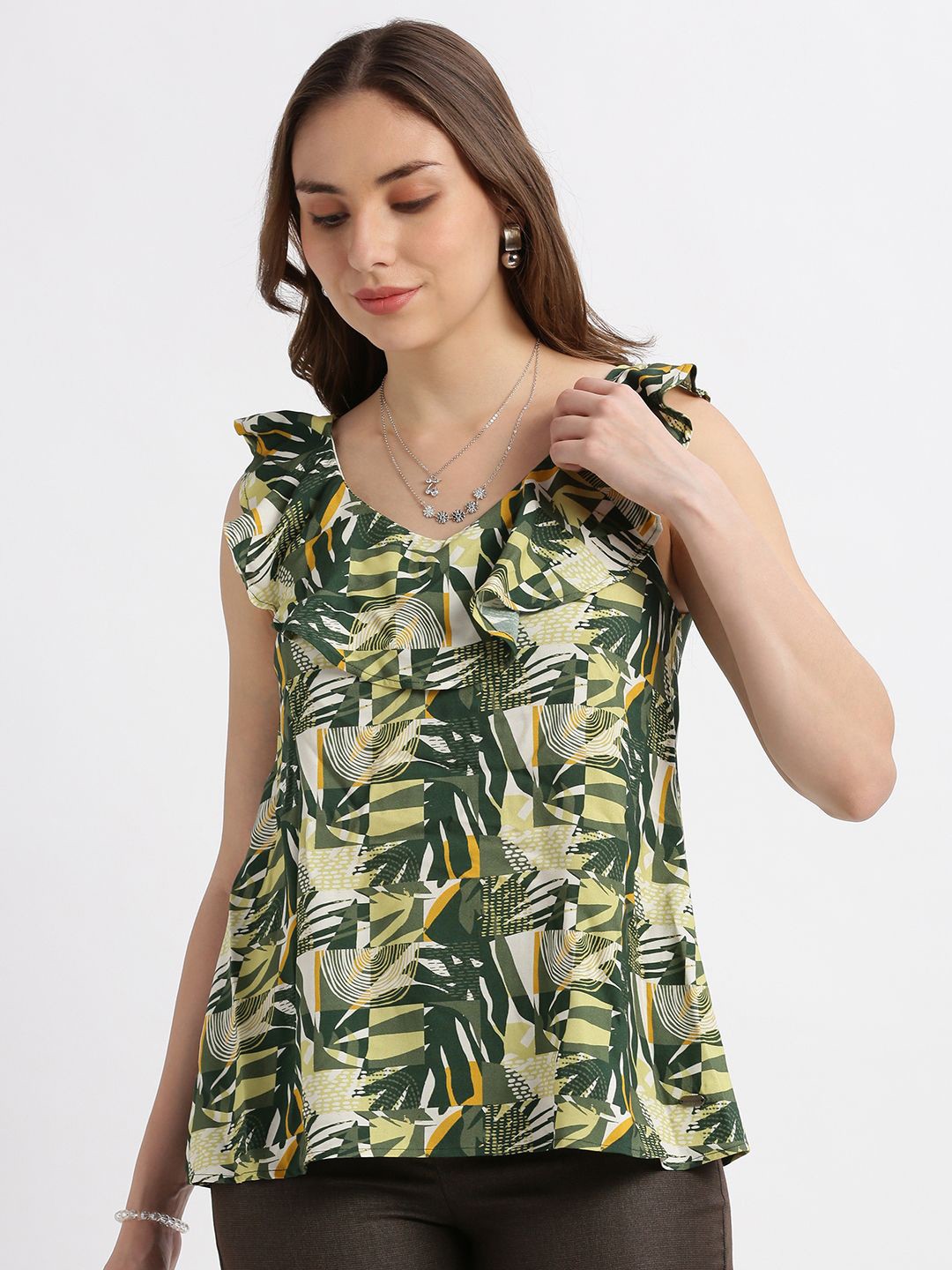 

Grit and Flair Tropical Print Flutter Sleeve Top, Olive