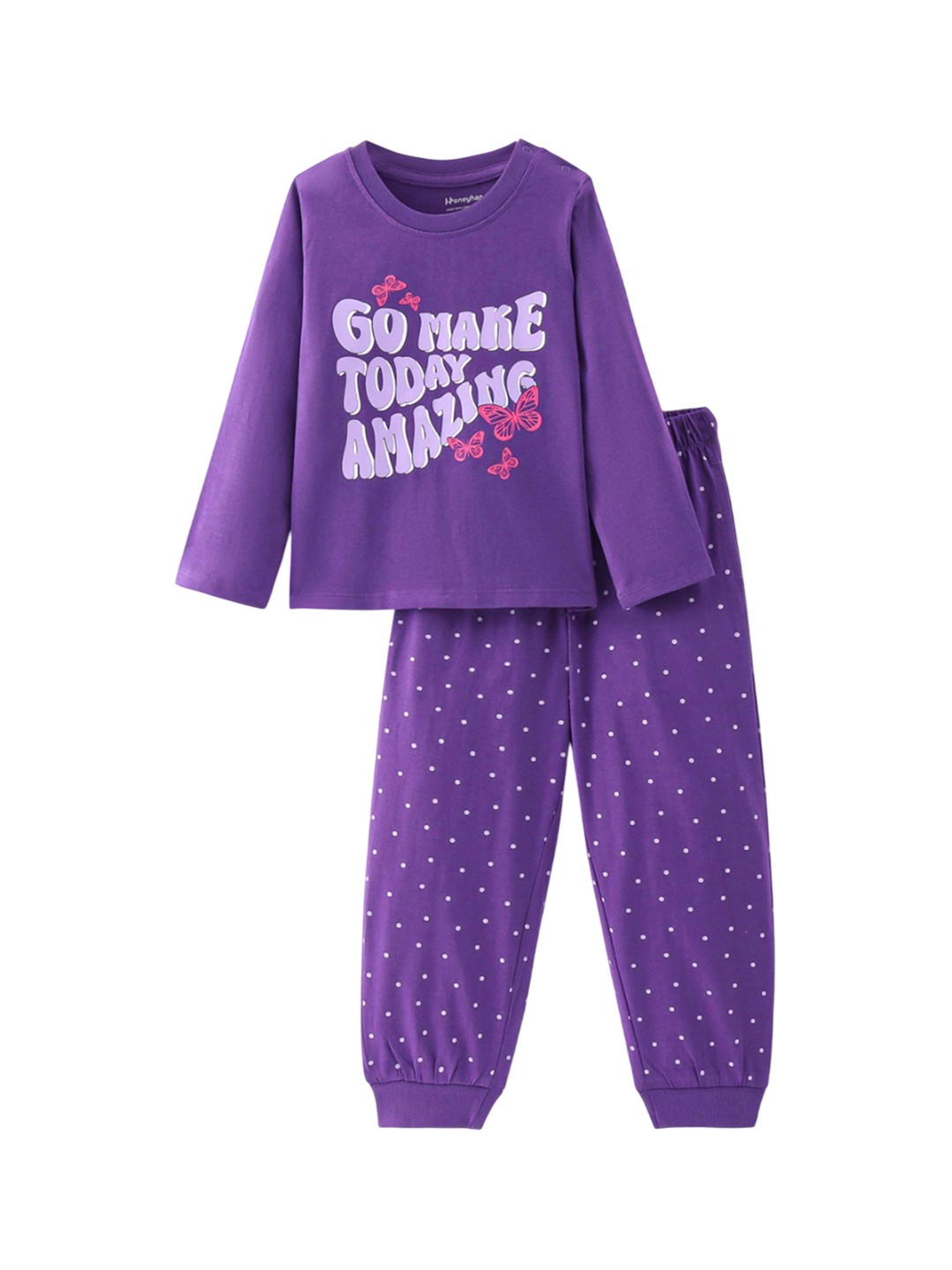 

Honeyhap Girls Pure Cotton Typography Printed Night suit, Purple