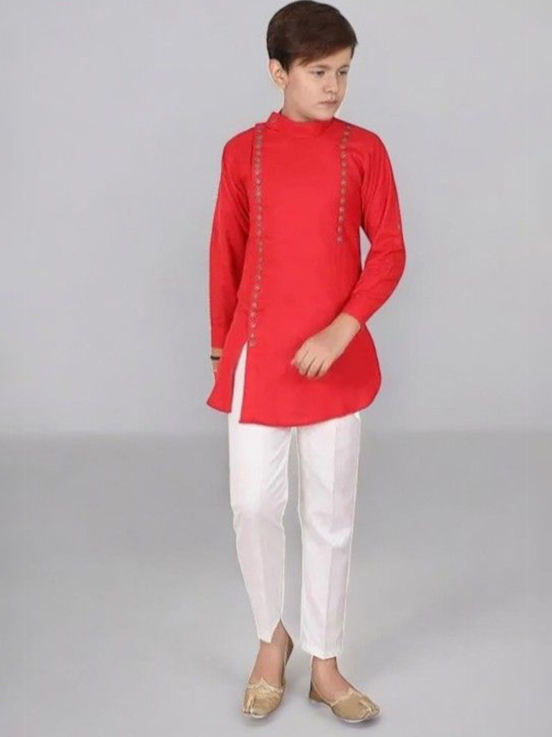 

Eliq Boys Mandarin Collar Pure Cotton Straight Kurta With Pyjamas, Red